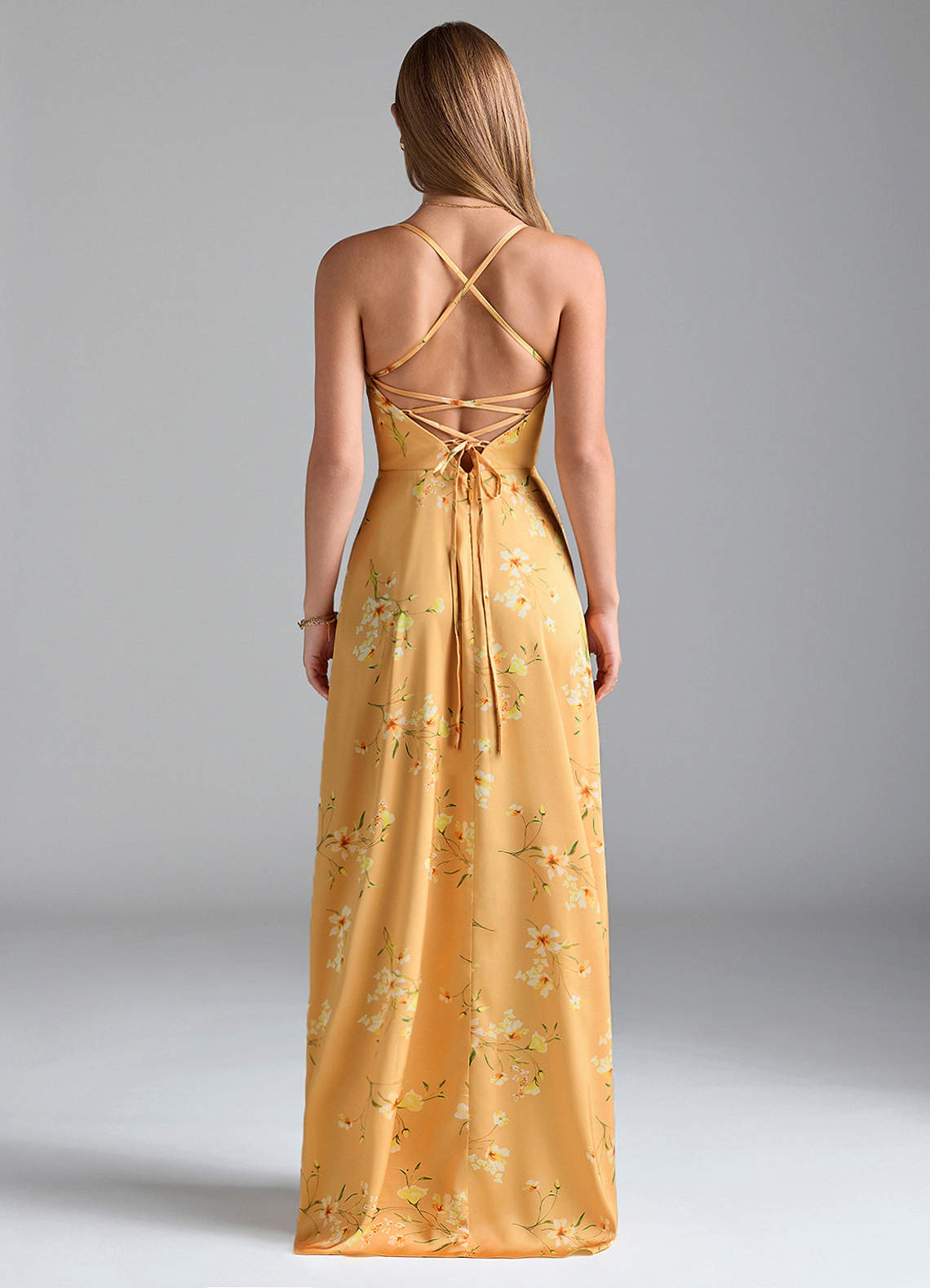 Azazie Mei Bridesmaid Dresses Golden Blooms A-Line V-Neck Stretch Satin Dress image1