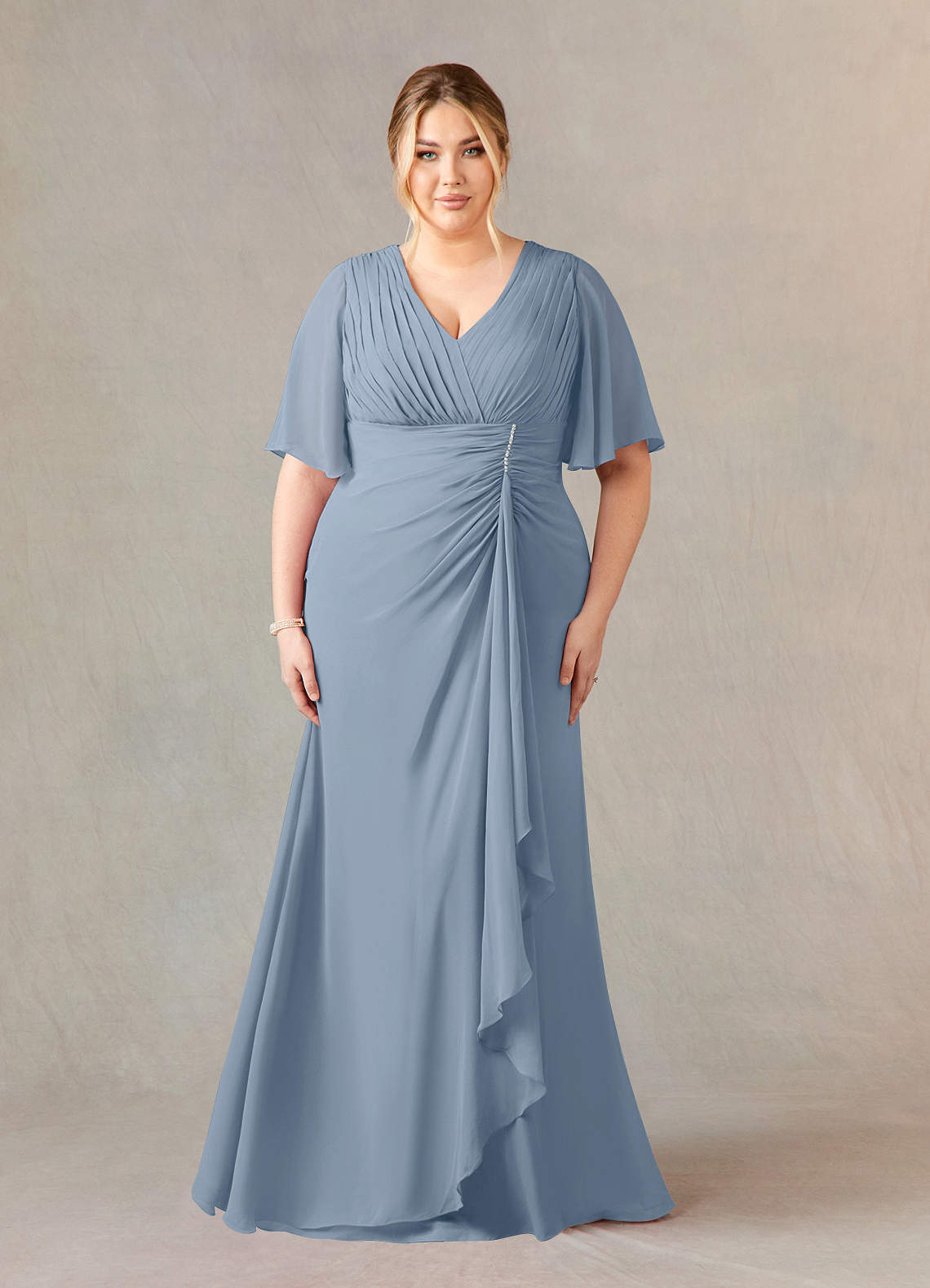 Azazie Carson Mother of the Bride Dresses Dusty Blue A-Line V-Neck Lace Chiffon Dress image5