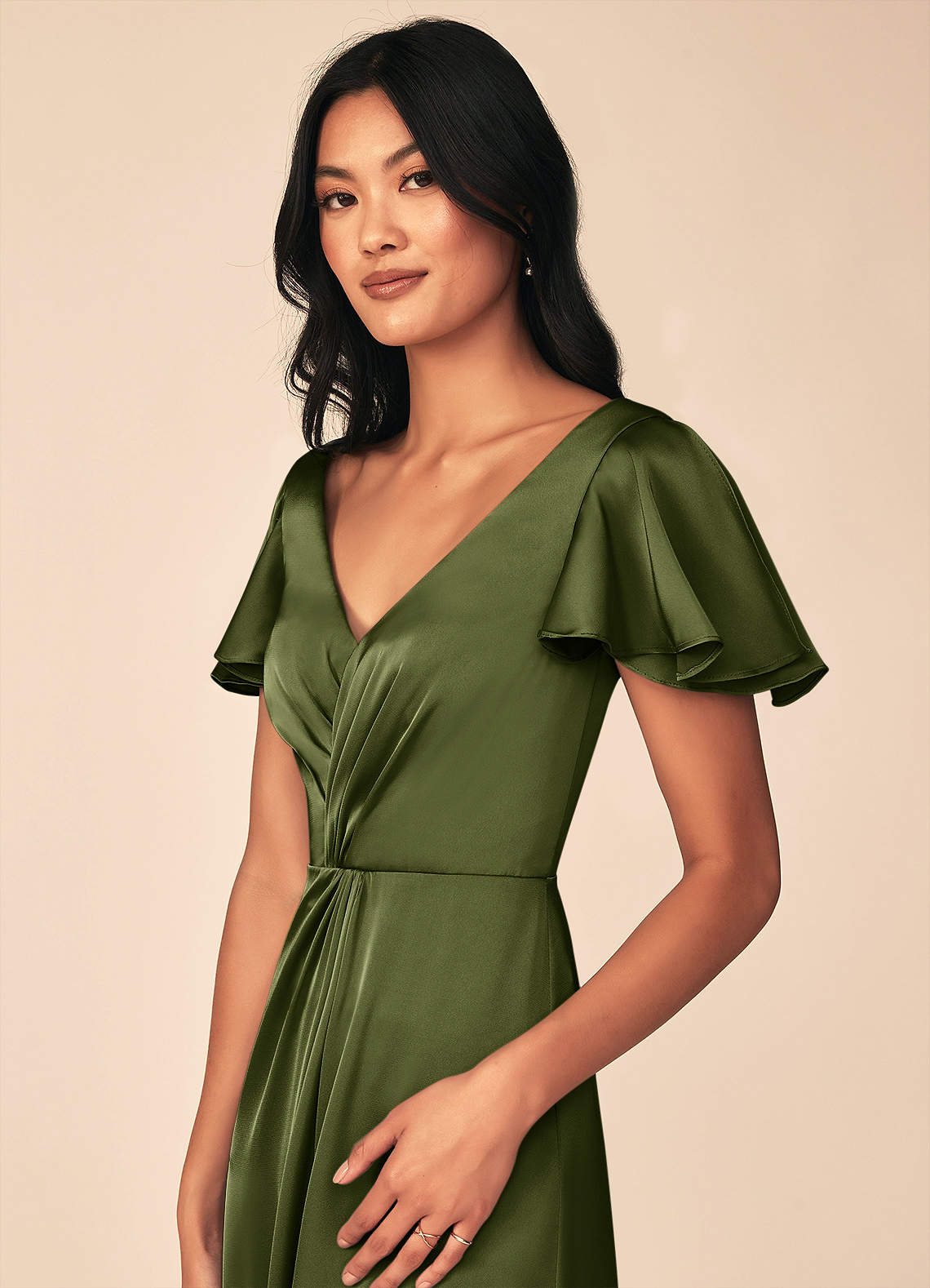 Azazie Soren Bridesmaid Dresses Olive A-Line Pleated Stretch Satin Dress image6