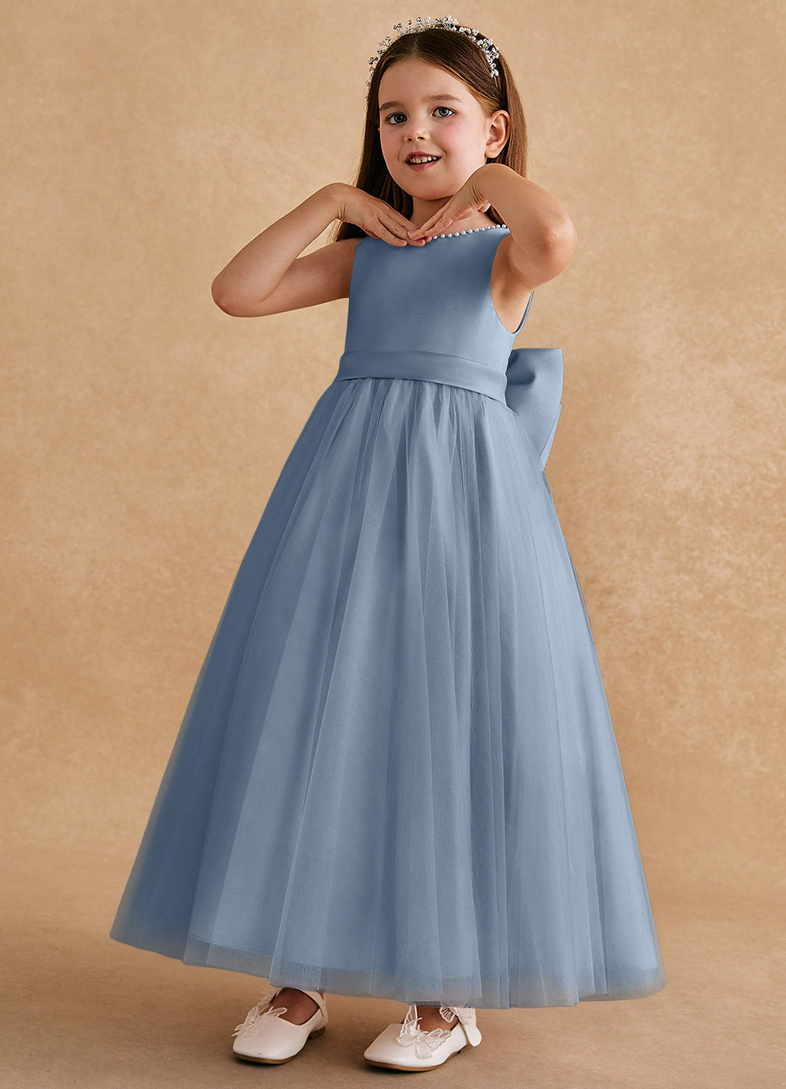Azazie Cookie Flower Girl Dresses Dusty Blue A-Line Bow Tulle Dress image3
