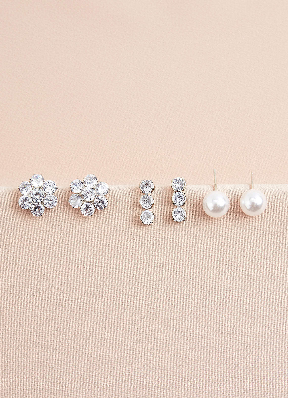 front Three-Piece Rhinestone and Pearl Stud Set