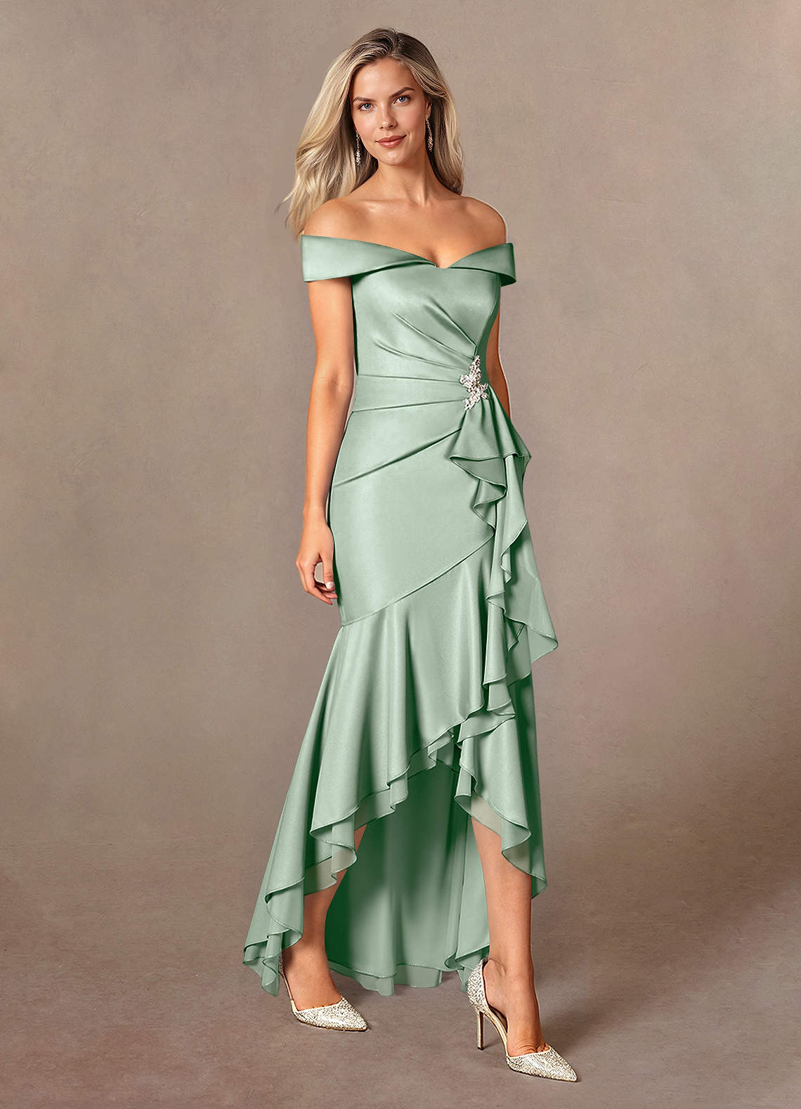 Azazie Billings Mother of the Bride Dresses Agave Mermaid Off the Shoulder Stretch Satin Dress image5