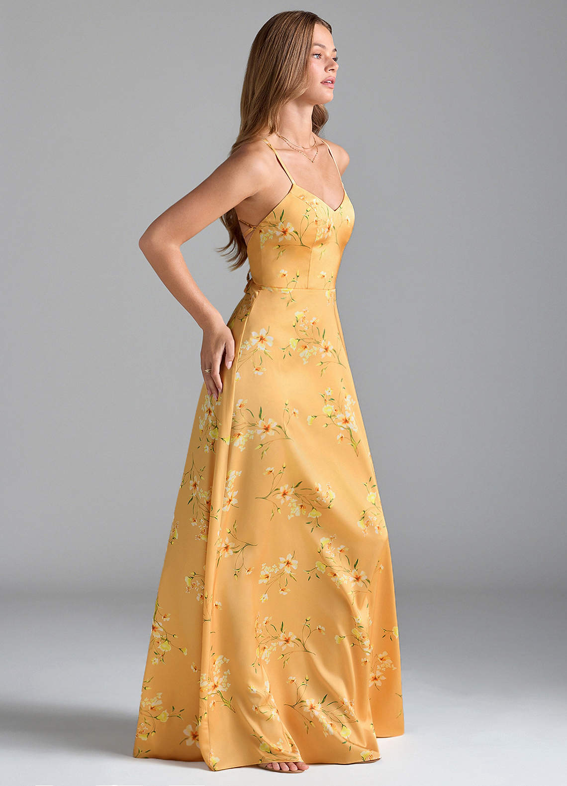 Azazie Mei Bridesmaid Dresses Golden Blooms A-Line V-Neck Stretch Satin Dress image3