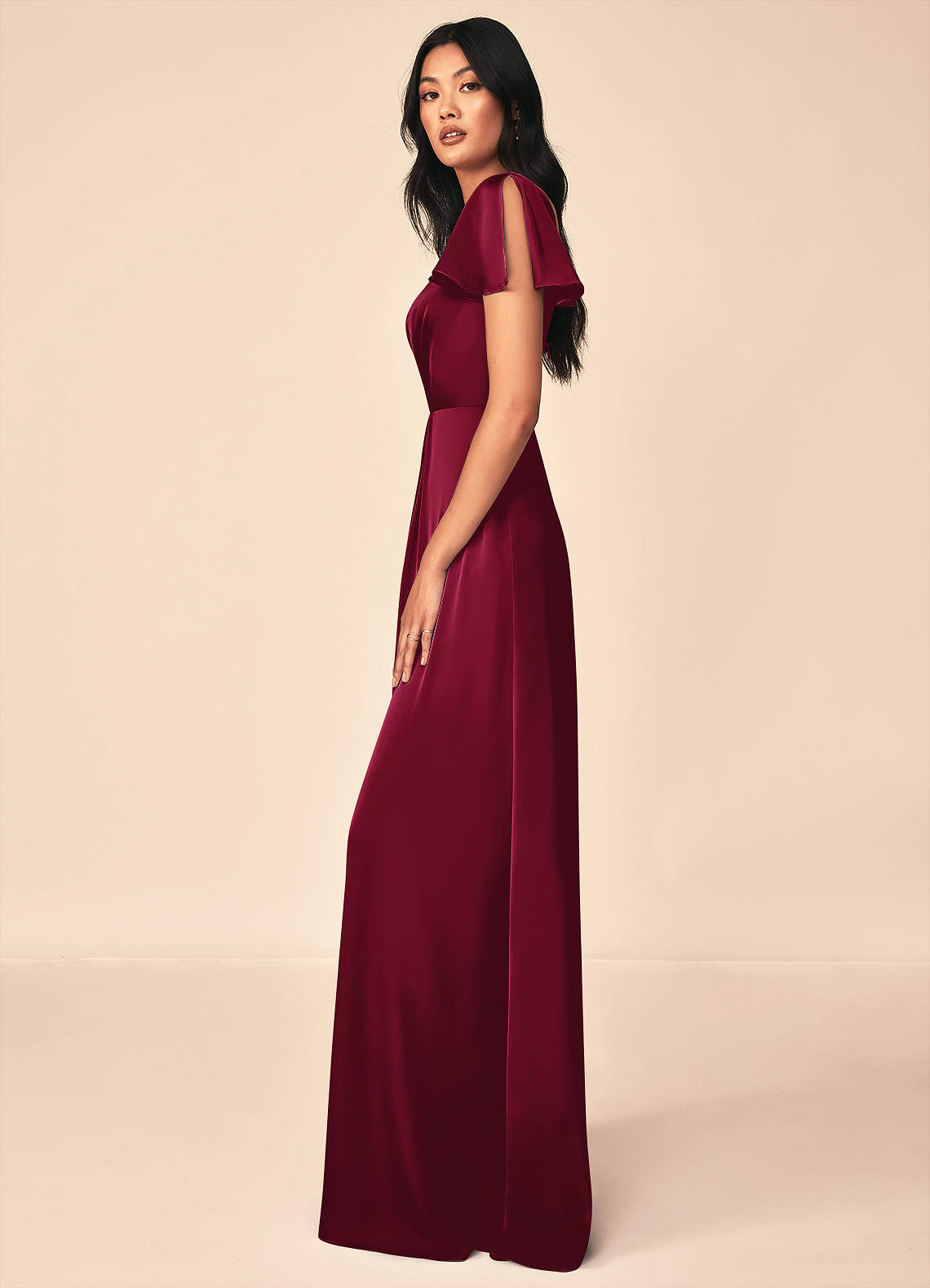 Azazie Soren Bridesmaid Dresses Burgundy A-Line Pleated Stretch Satin Dress image2