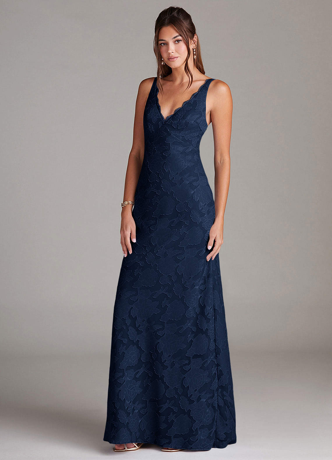 Azazie Tianna Bridesmaid Dresses Dark Navy Sheath Lace Floral Burnout Dress image3