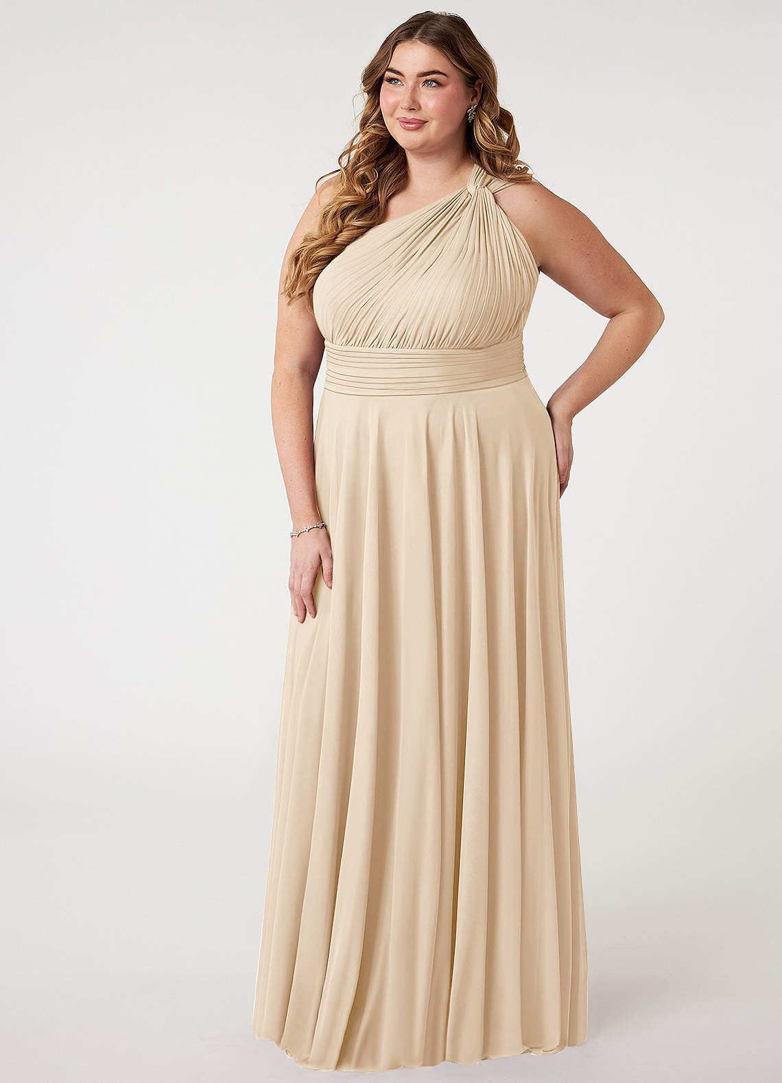 Azazie Charlize Bridesmaid Dresses Champagne A-Line One Shoulder Mesh Dress image7