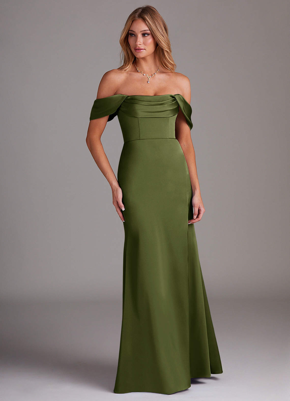 Azazie Saige Bridesmaid Dresses Olive Sheath Off the Shoulder Stretch Satin Dress image3