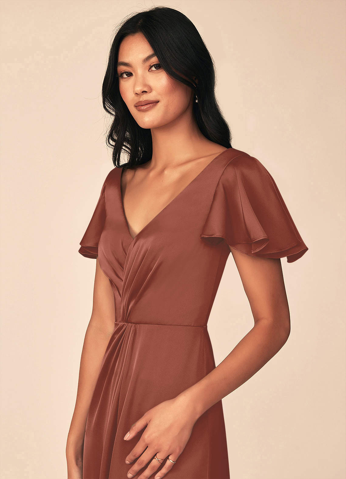 Azazie Soren At-home Try On Dresses Auburn A-Line Pleated Stretch Satin Dress image6