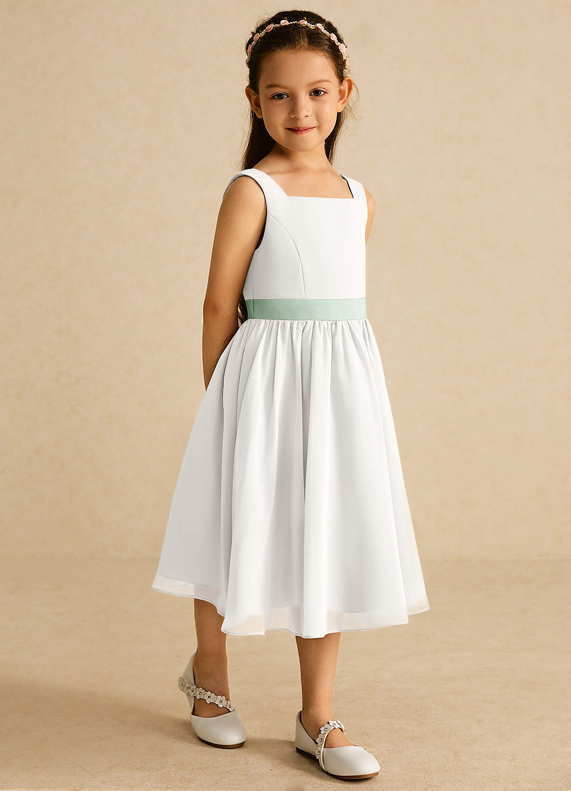 Azazie Elina Flower Girl Dresses Ivory Agave A-Line Sleeveless Chiffon Dress image4