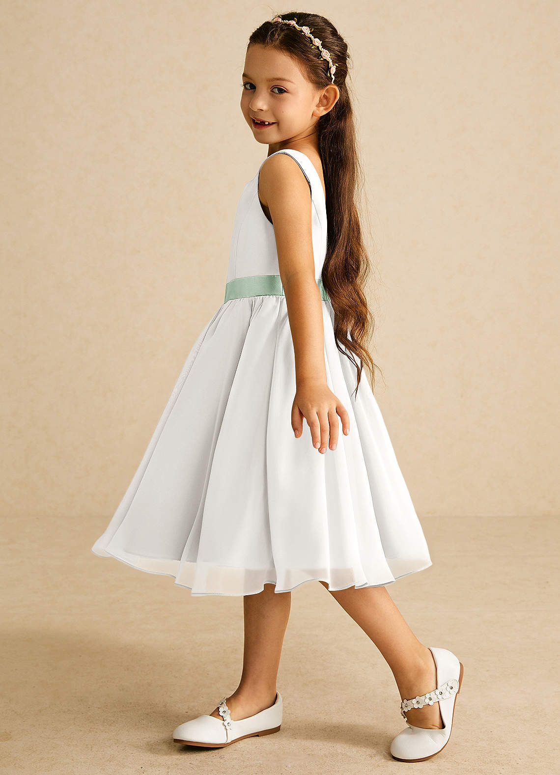Azazie Elina Flower Girl Dresses Ivory Agave A-Line Sleeveless Chiffon Dress image3