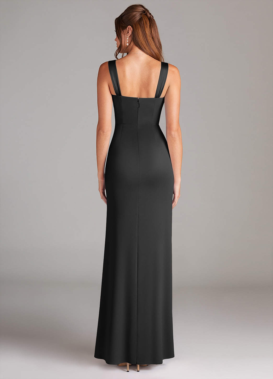 Azazie Denice At-home Try On Dresses Black Sheath Pleated Stretch Satin Dress image1