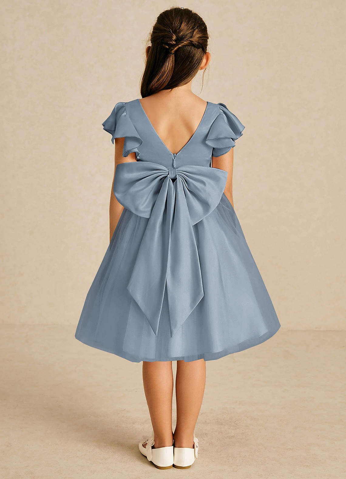 Azazie Kaeya Flower Girl Dresses Dusty Blue A-Line Bow Tulle Dress image1