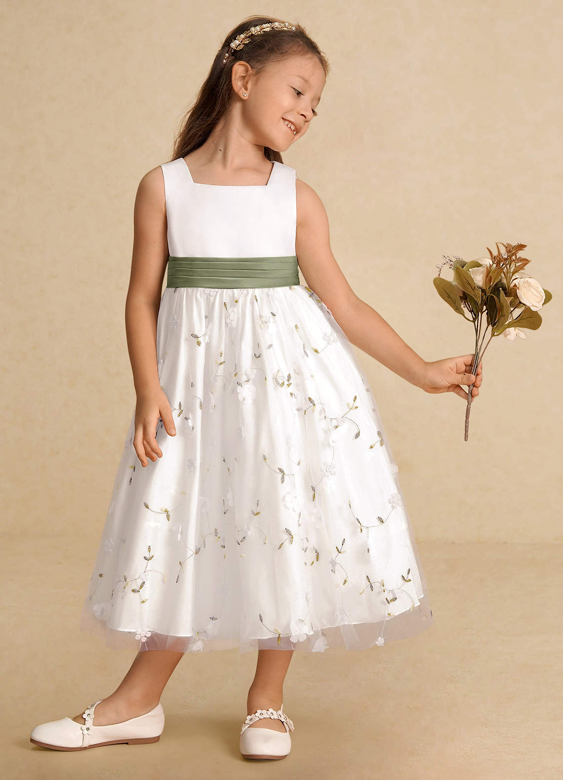 Azazie Pollie Flower Girl Dresses Ivory Pistachio A-Line Bow Tulle Dress image3