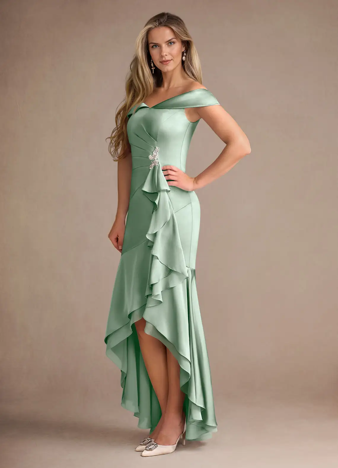 Azazie Billings Mother of the Bride Dresses Agave Mermaid Off the Shoulder Stretch Satin Dress image1