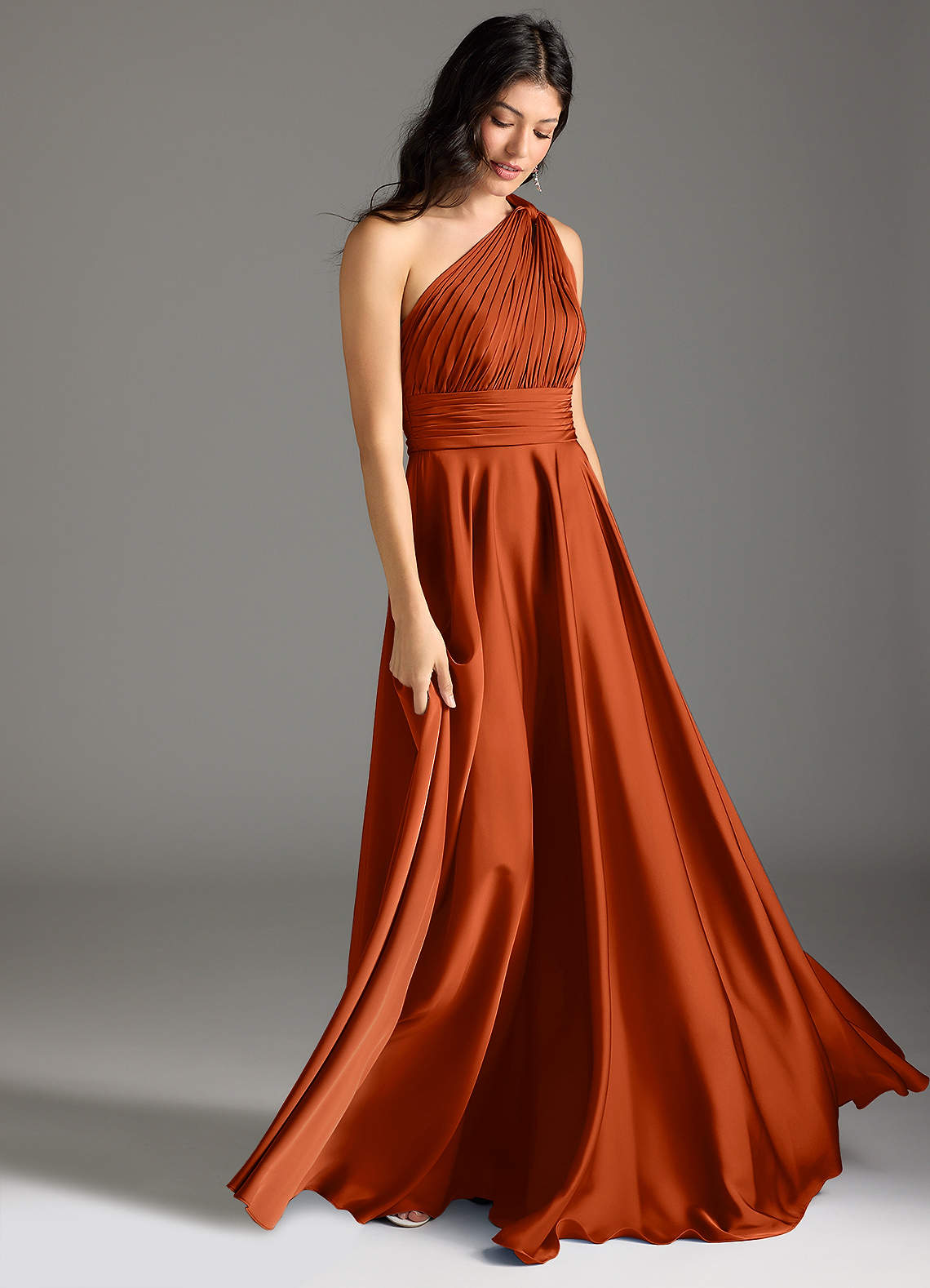Azazie Charlize Bridesmaid Dresses Paprika A-Line One Shoulder Stretch Satin Dress image2