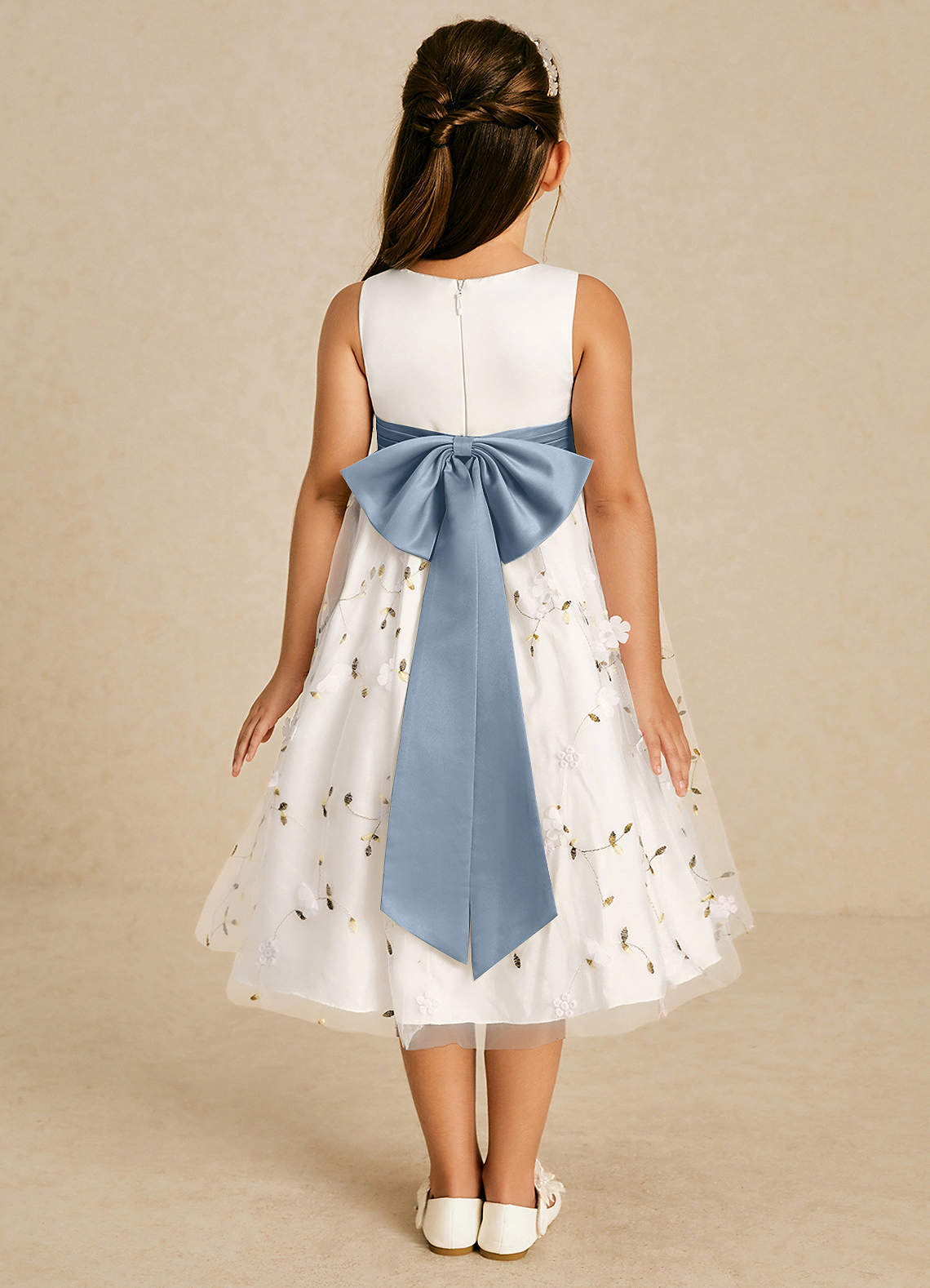 Azazie Pollie Flower Girl Dresses Ivory Dusty Blue A-Line Bow Tulle Dress image1