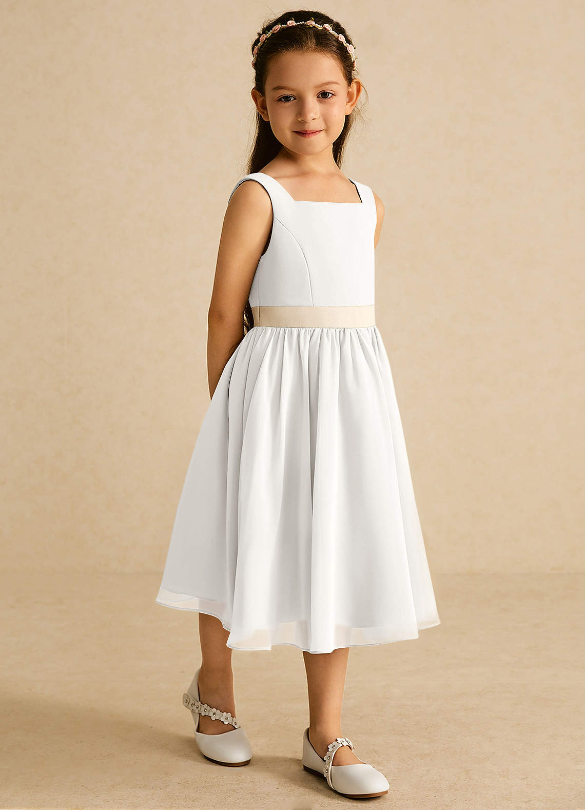 Azazie Elina Flower Girl Dresses Ivory Champagne A-Line Sleeveless Chiffon Dress image4