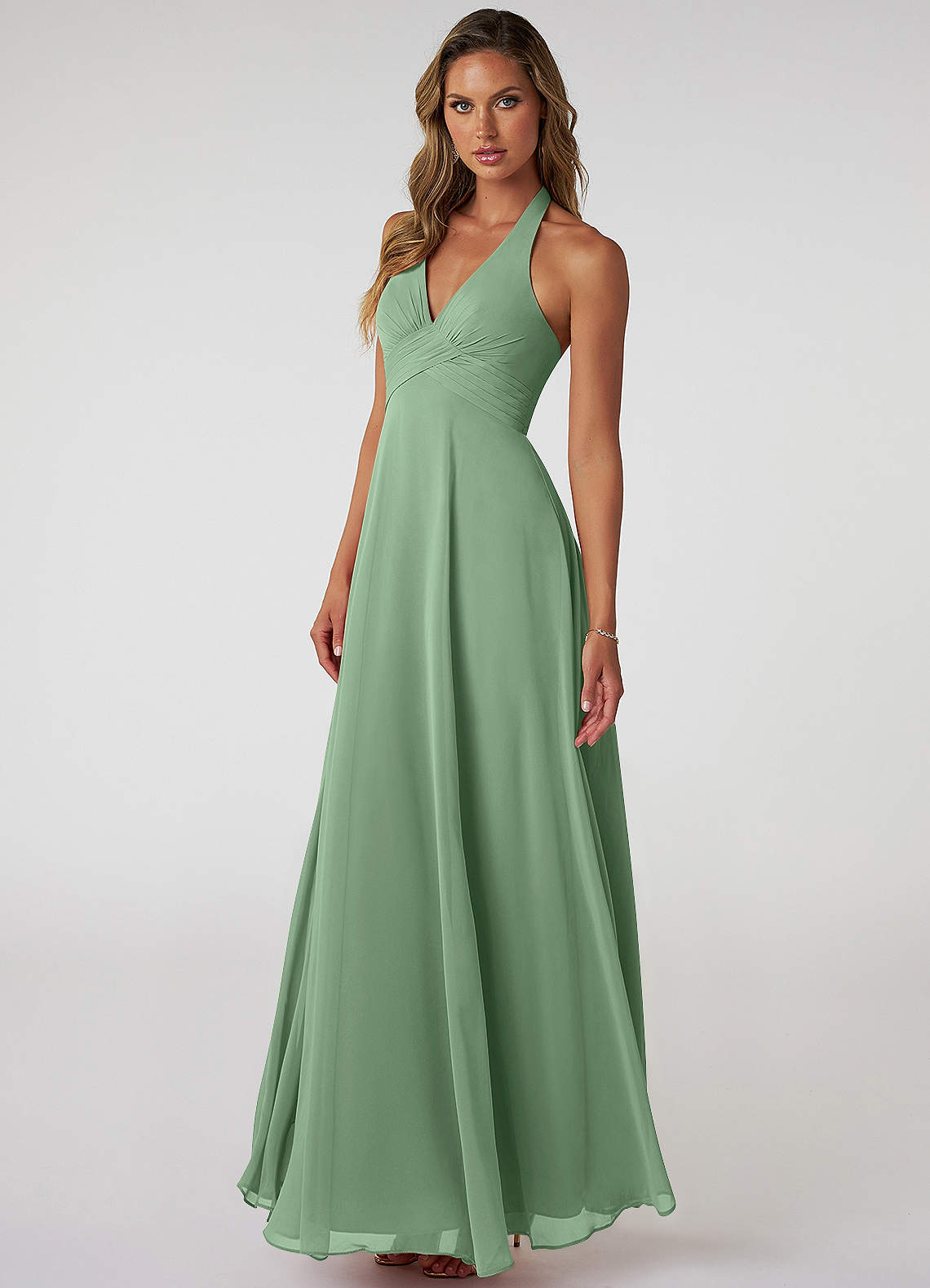 Azazie Tessie At-home Try On Dresses Matcha A-Line V-Neck Pleated Chiffon Dress image2