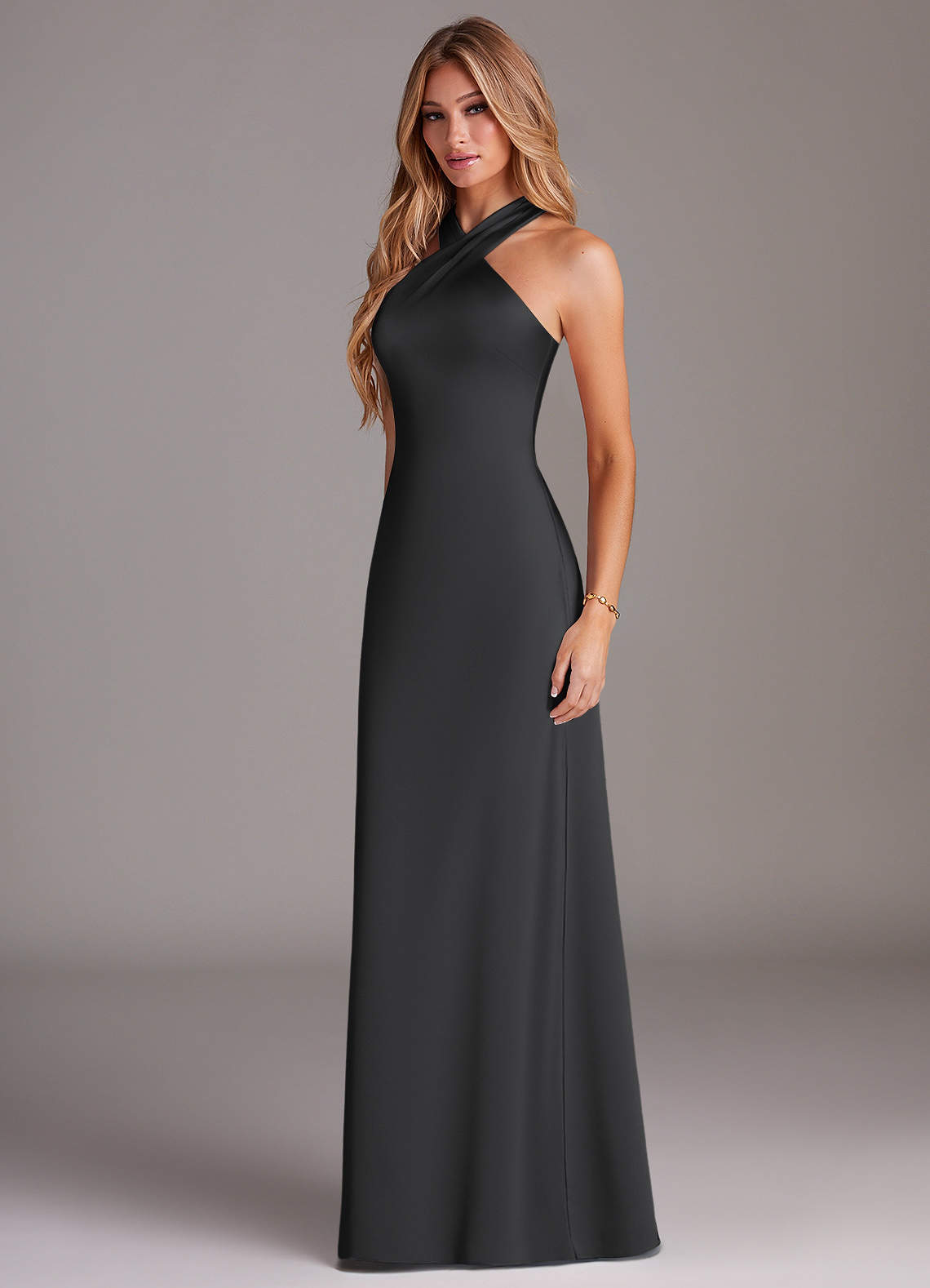 Azazie Doretta At-home Try On Dresses Black Mermaid Pleated Stretch Satin Dress image3
