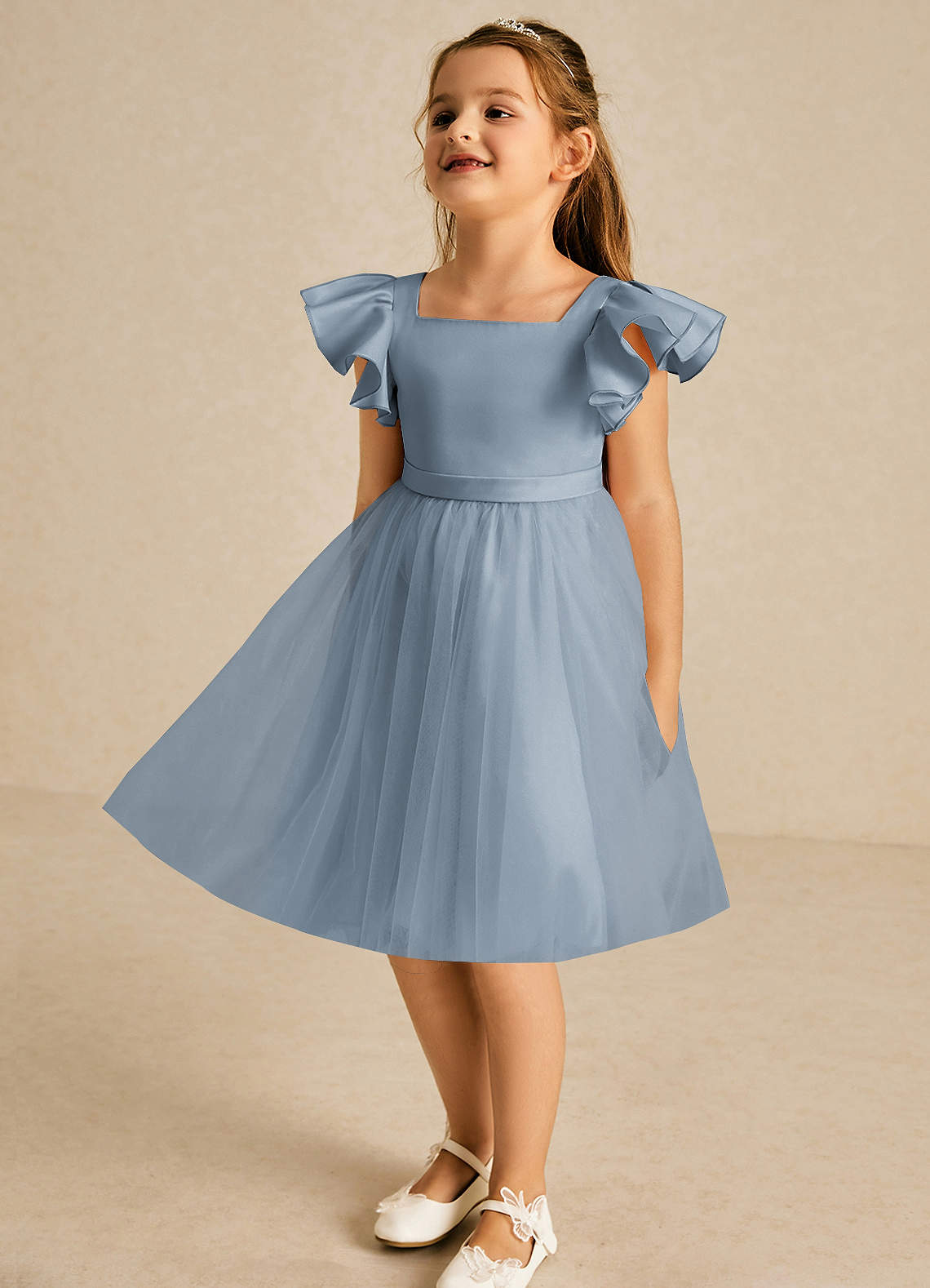 Azazie Kaeya Flower Girl Dresses Dusty Blue A-Line Bow Tulle Dress image3