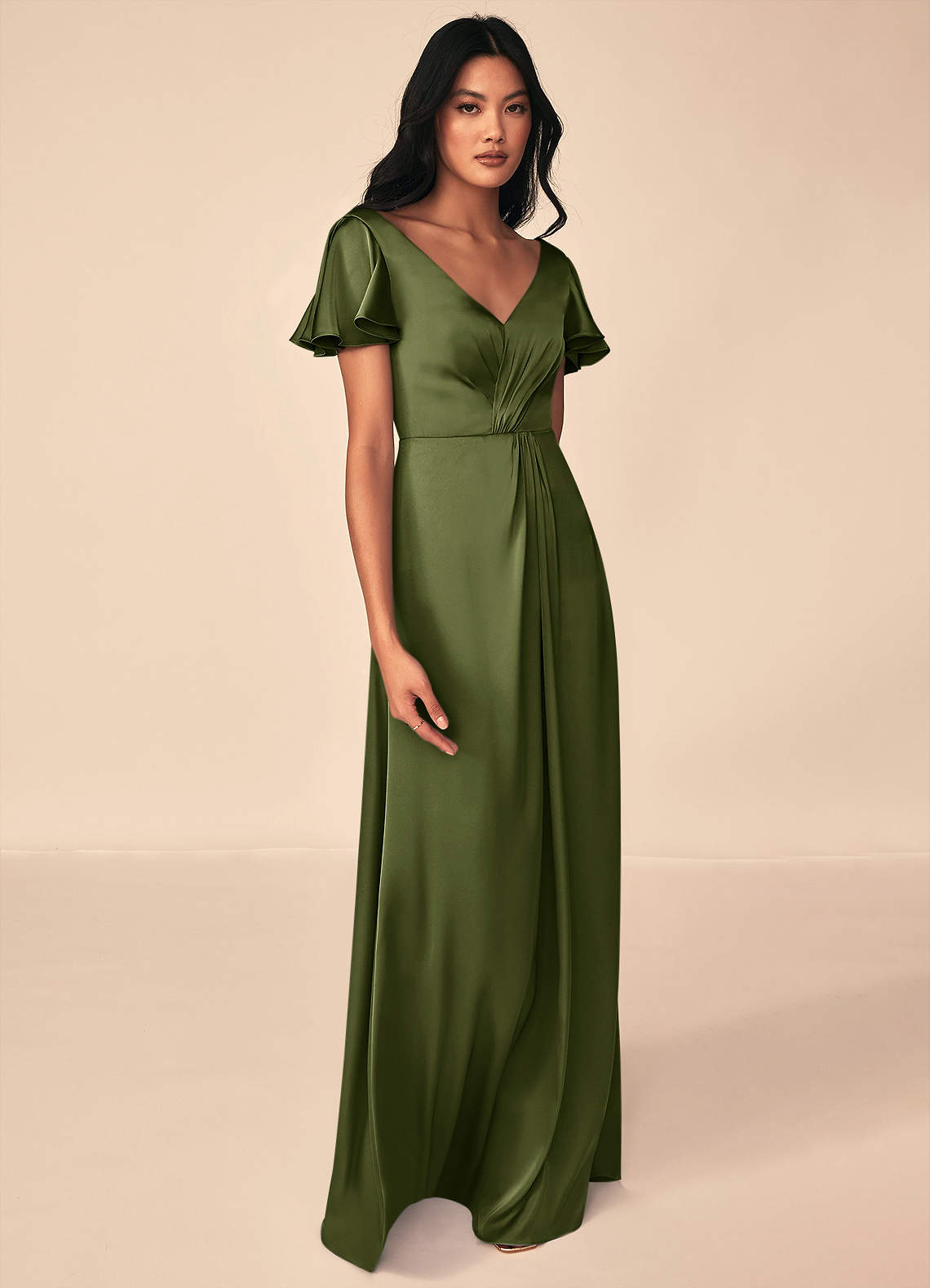 Azazie Soren Bridesmaid Dresses Olive A-Line Pleated Stretch Satin Dress image3