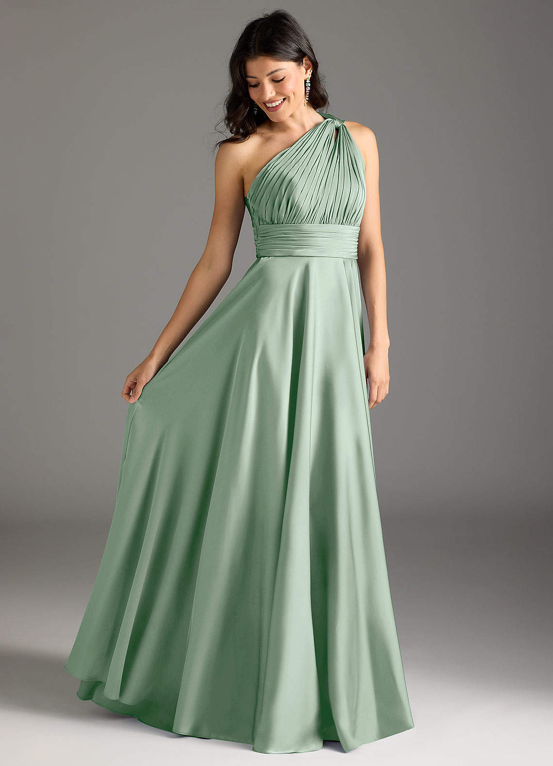 Azazie Charlize At-home Try On Dresses Agave A-Line One Shoulder Stretch Satin Dress image1