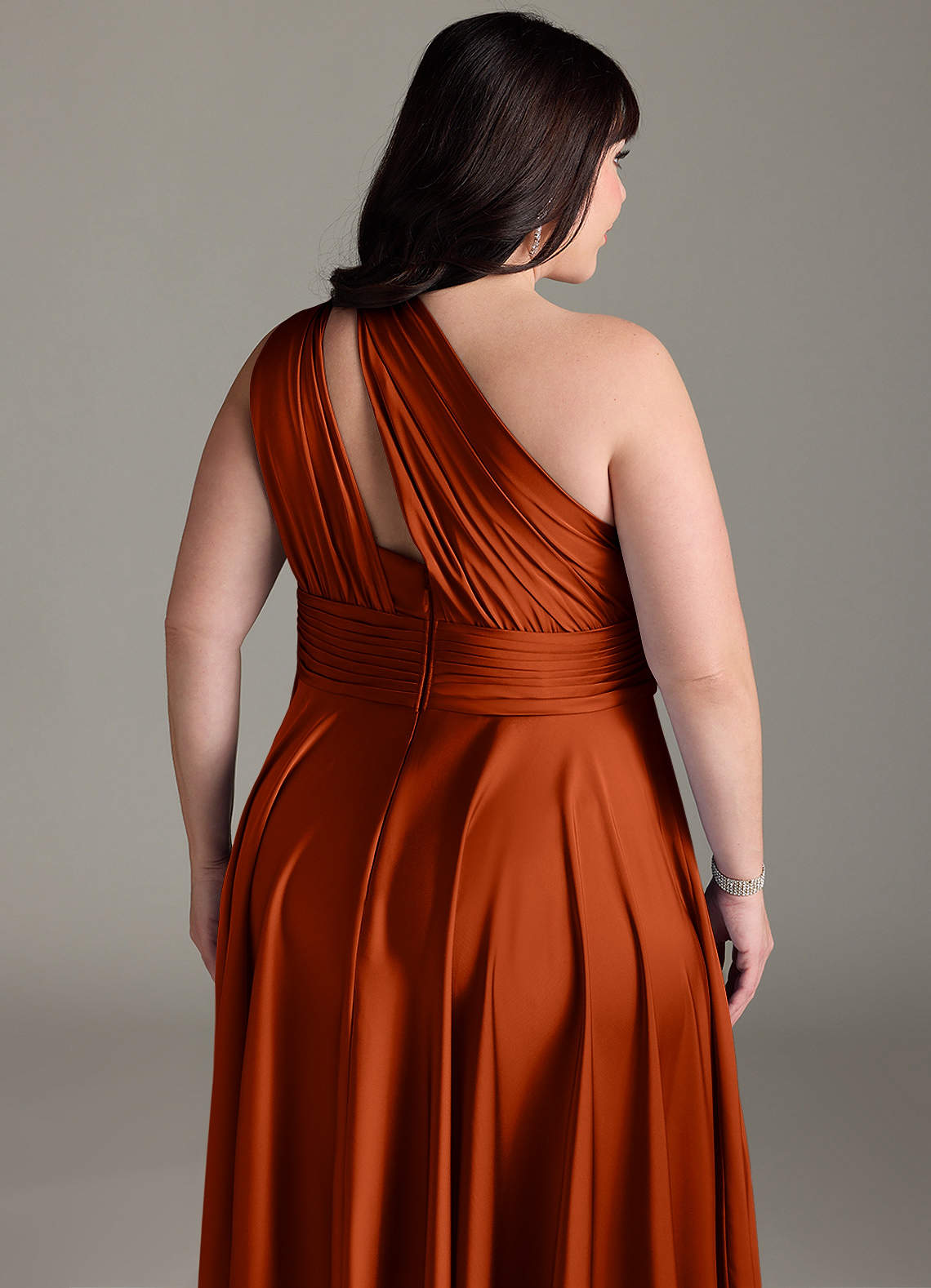 Azazie Charlize Bridesmaid Dresses Paprika A-Line One Shoulder Stretch Satin Dress image15