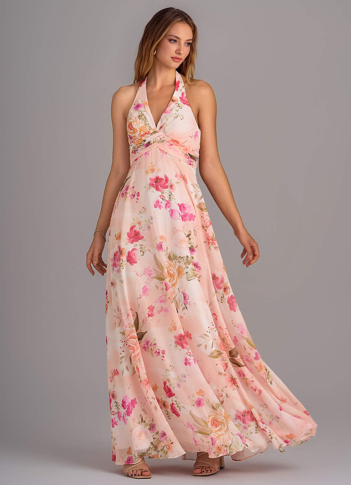 Azazie Tessie Bridesmaid Dresses Abstract Bouquet Floral A-Line V-Neck Pleated Chiffon Dress image3