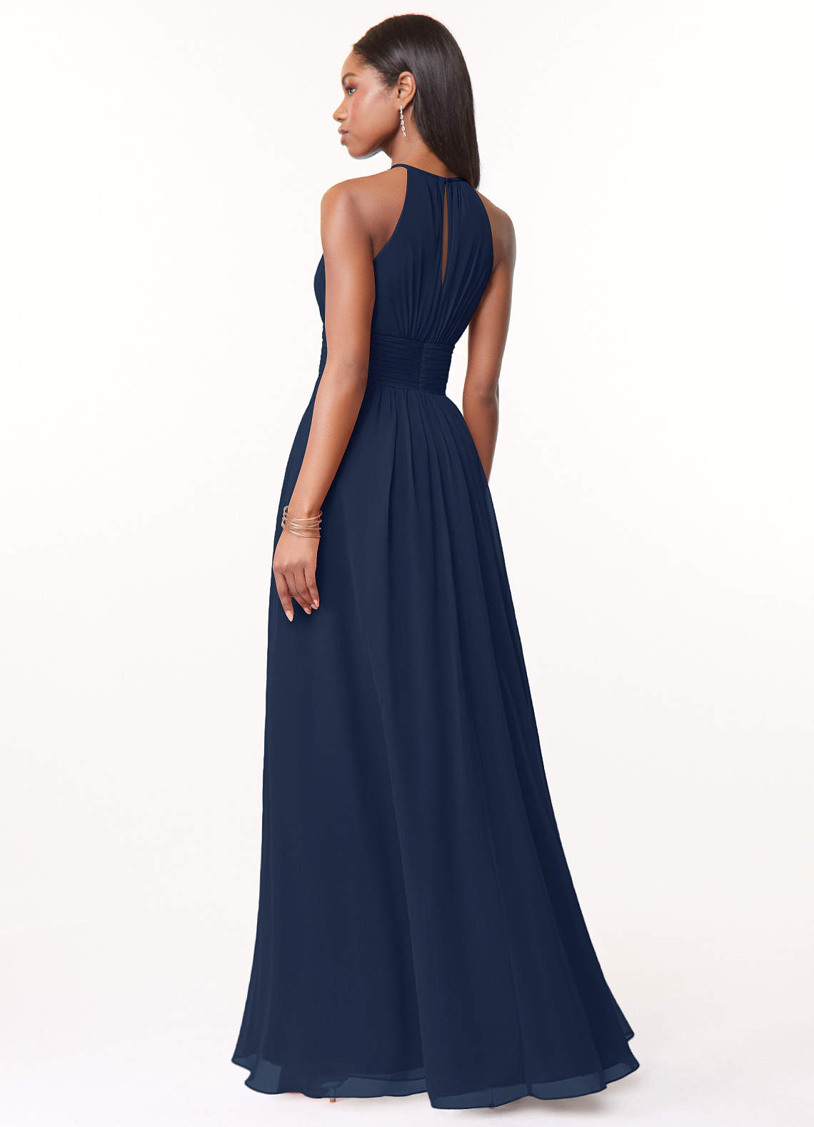 Azazie Bonnie At-home Try On Dresses Dark Navy A-Line Keyhole Ruched Chiffon Dress image1