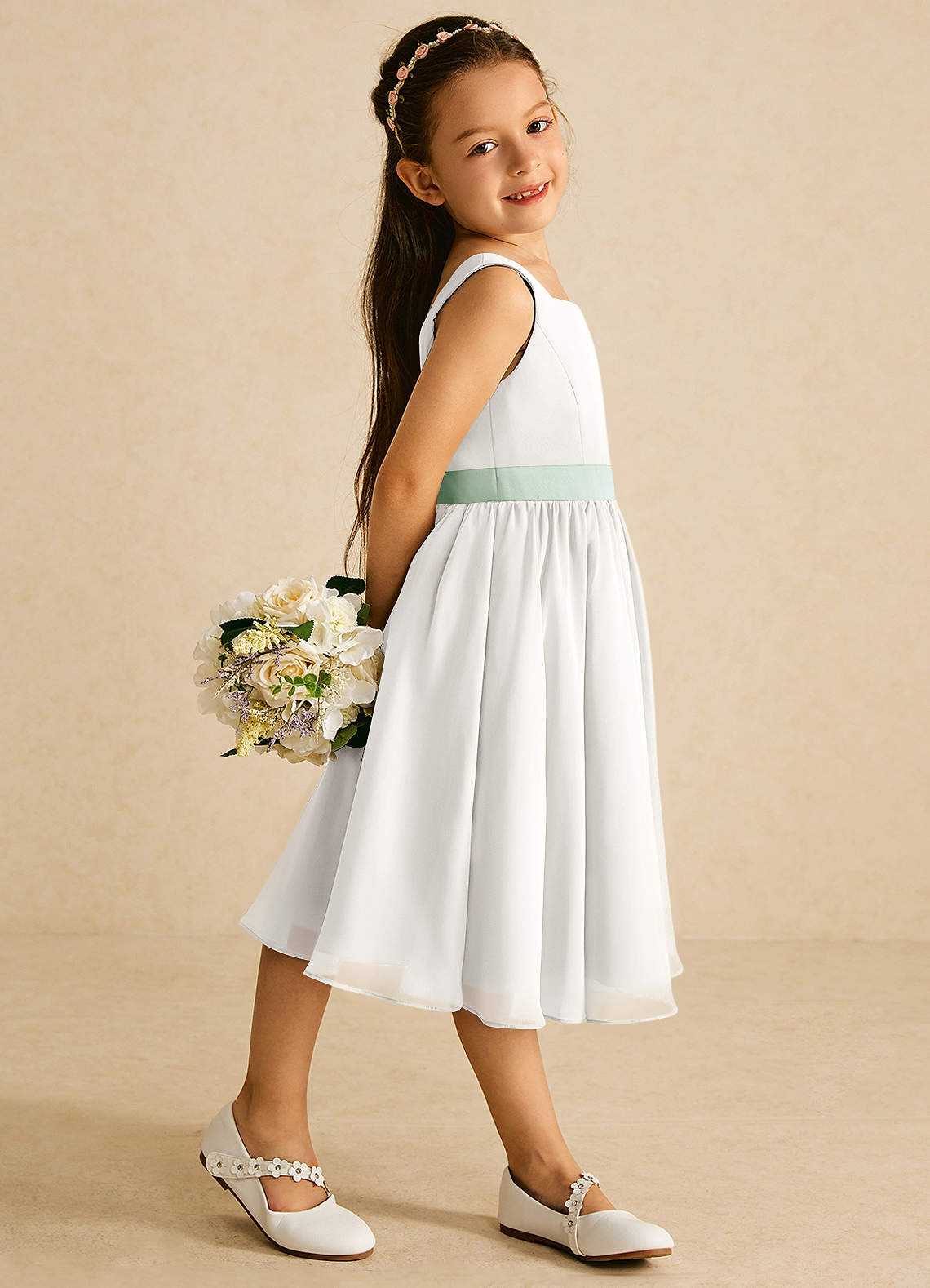 Azazie Elina Flower Girl Dresses Ivory Agave A-Line Sleeveless Chiffon Dress image2