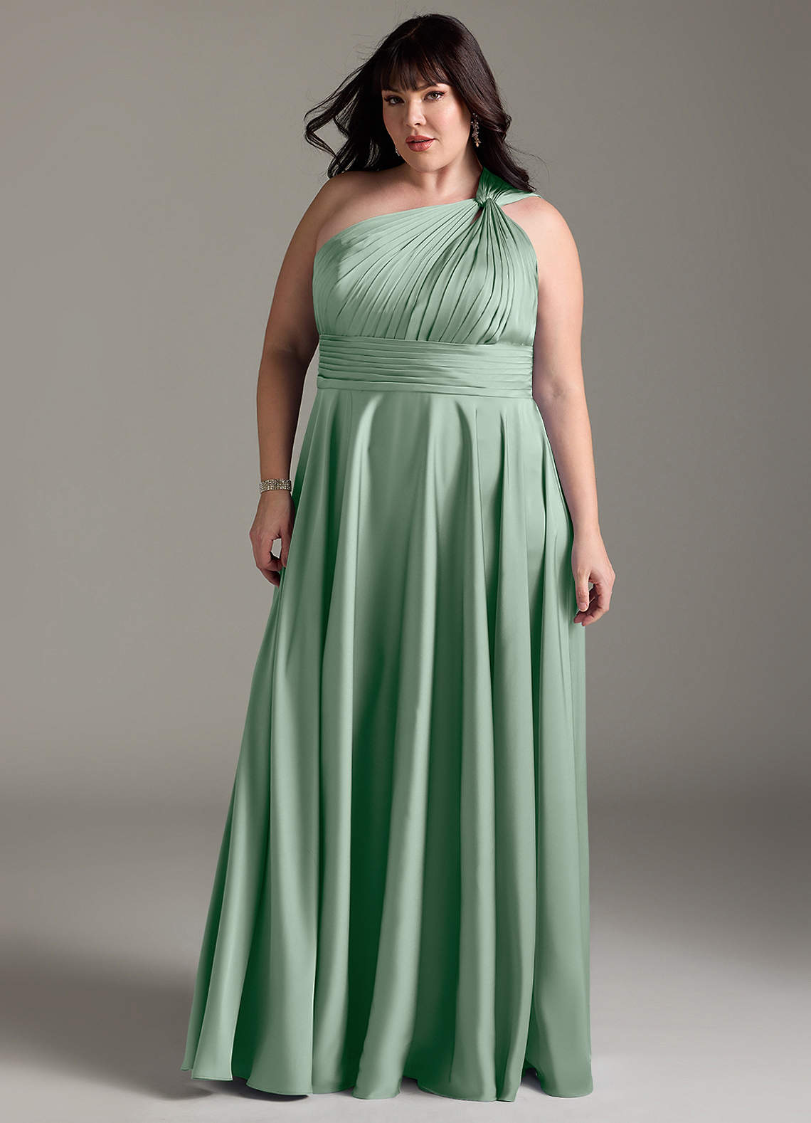 Azazie Charlize At-home Try On Dresses Agave A-Line One Shoulder Stretch Satin Dress image12