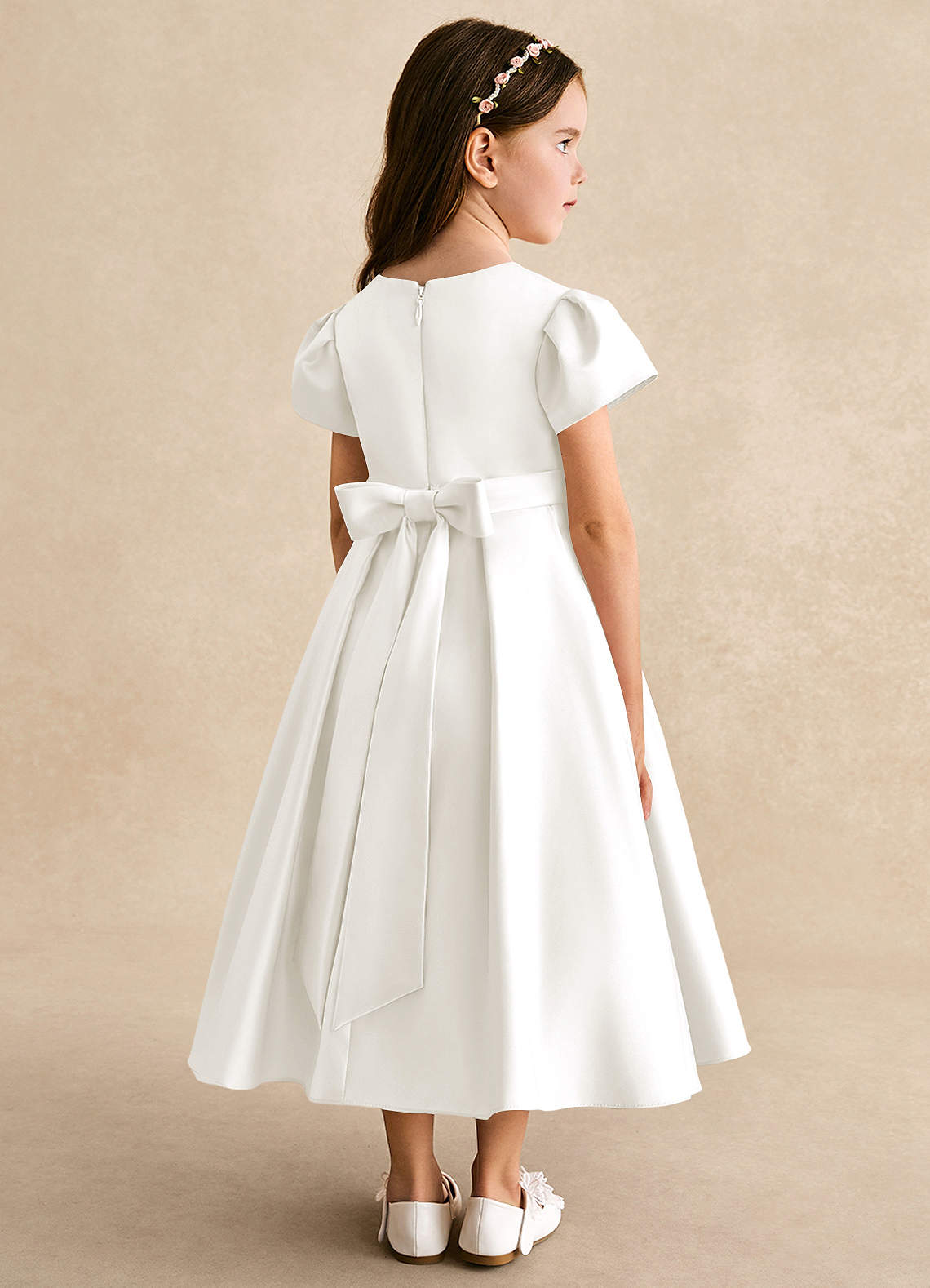 Azazie Princess Flower Girl Dresses Ivory A-Line Pleated Matte Satin Dress image1