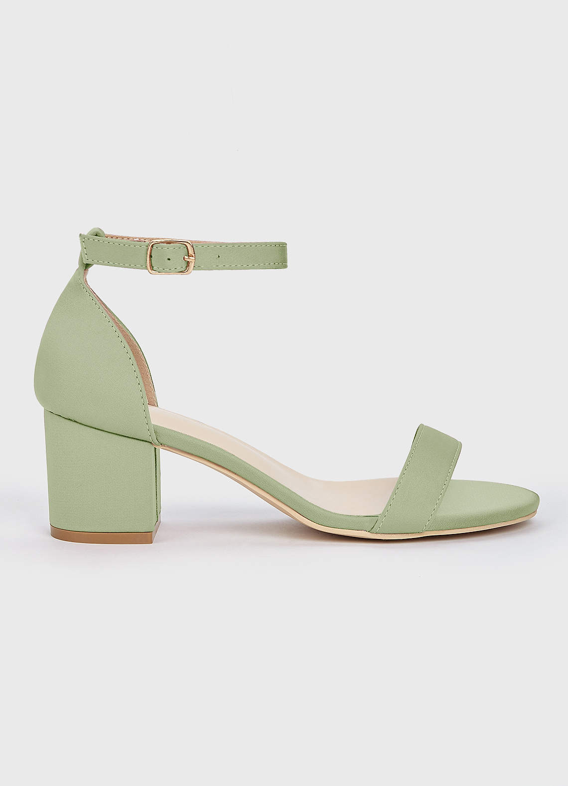 front Matching Color Stretch Satin One Strap Buckle Block Low Heel Sandals