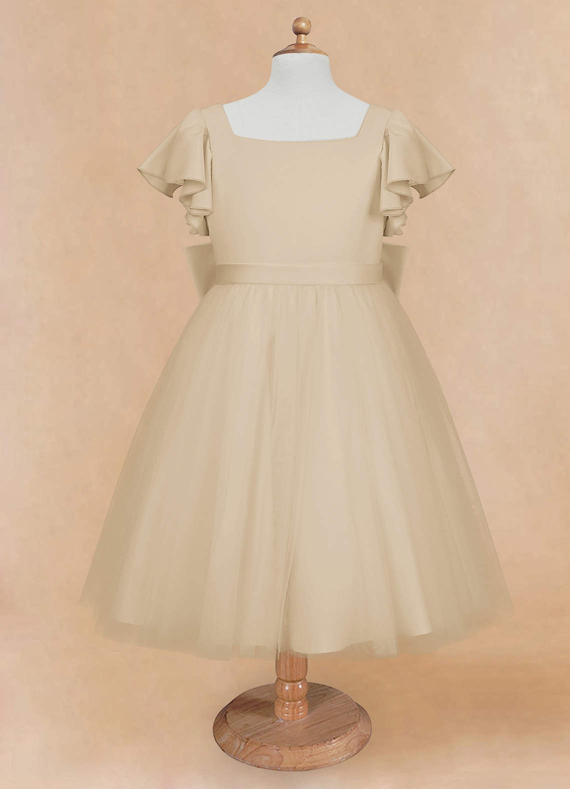 Azazie Kaeya Flower Girl Dresses Champagne A-Line Bow Tulle Dress image4