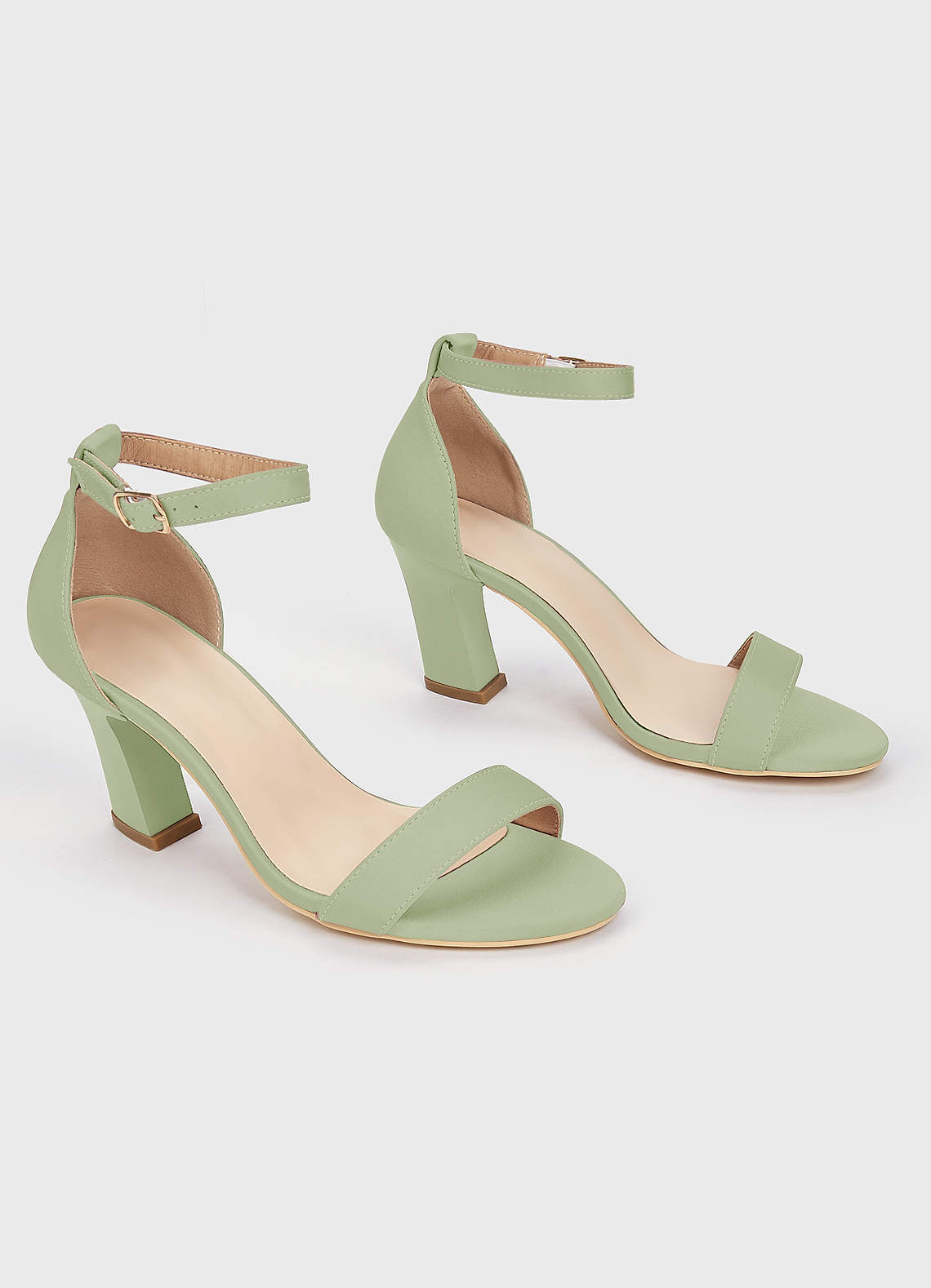 front Matching Color Stretch Satin One Strap Buckle Chunky Heel Sandals