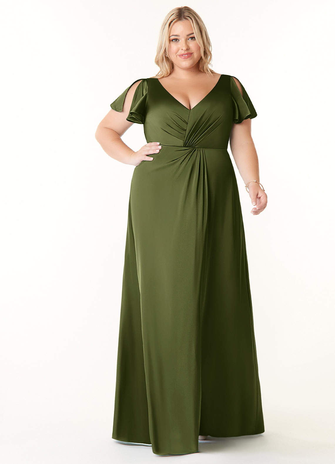 Azazie Soren Bridesmaid Dresses Olive A-Line Pleated Stretch Satin Dress image7