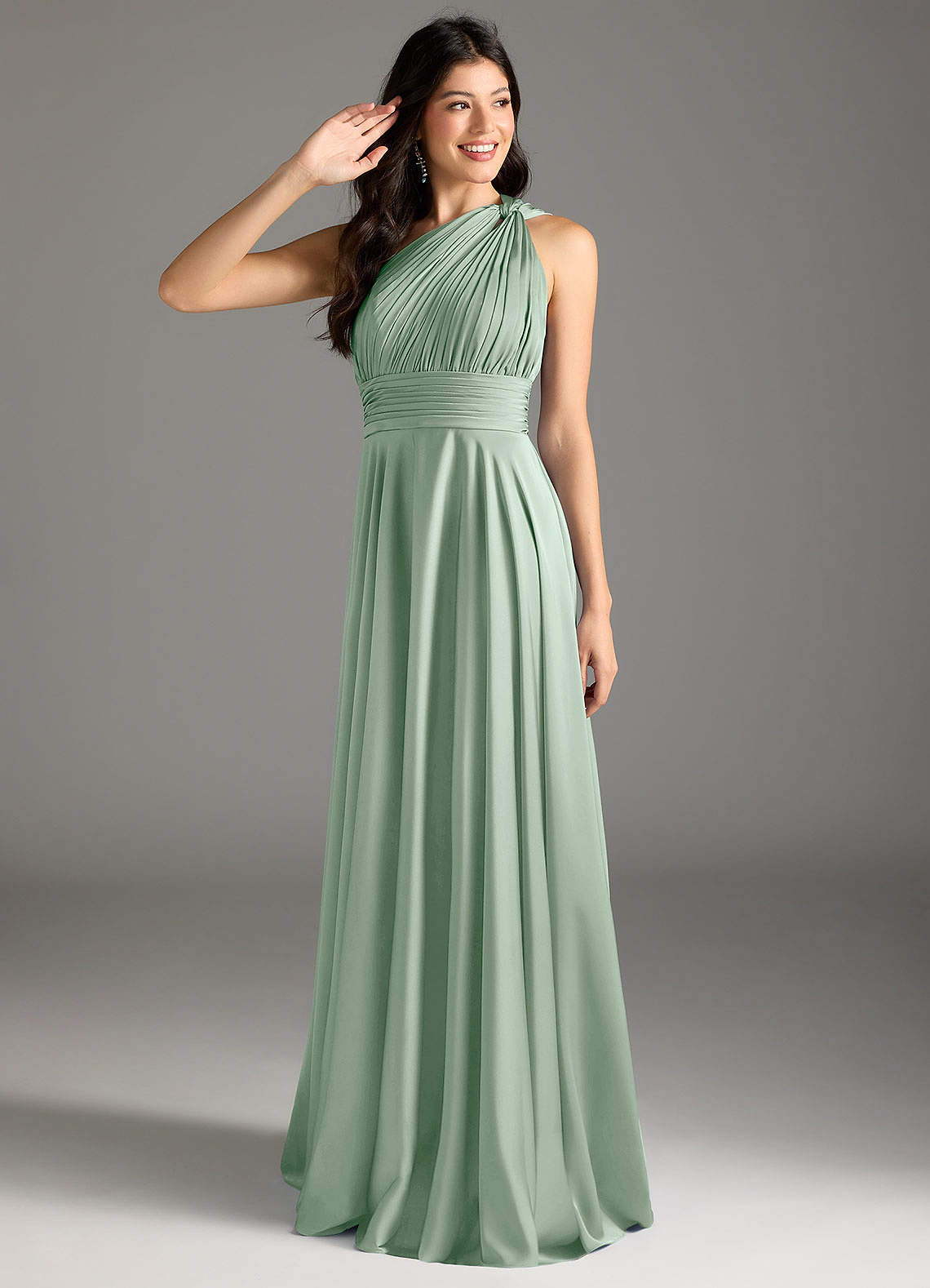 Azazie Charlize At-home Try On Dresses Agave A-Line One Shoulder Stretch Satin Dress image1