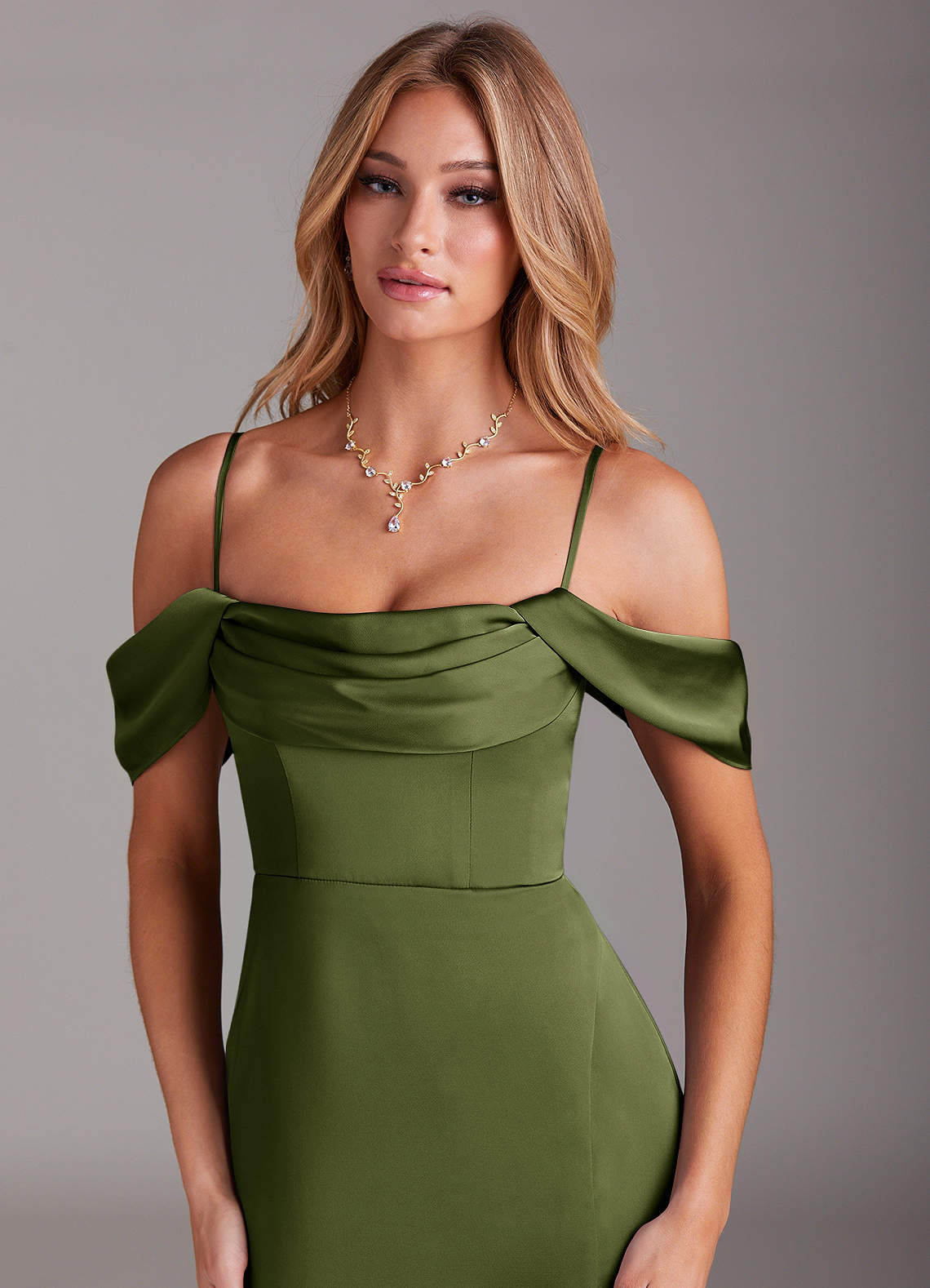 Azazie Saige Bridesmaid Dresses Olive Sheath Off the Shoulder Stretch Satin Dress image1