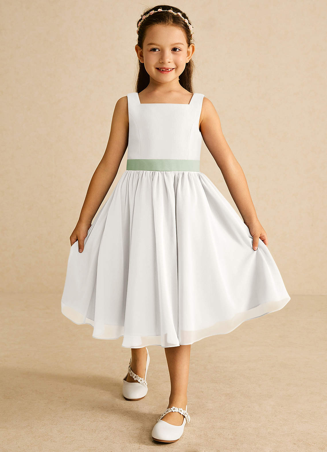 Azazie Elina Flower Girl Dresses Ivory Dusty Sage A-Line Sleeveless Chiffon Dress image1
