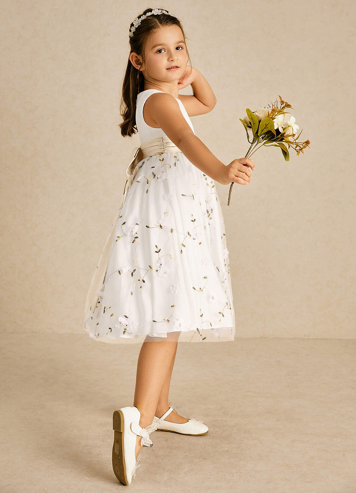 Azazie Pollie Flower Girl Dresses Ivory Champagne A-Line Bow Tulle Dress image2
