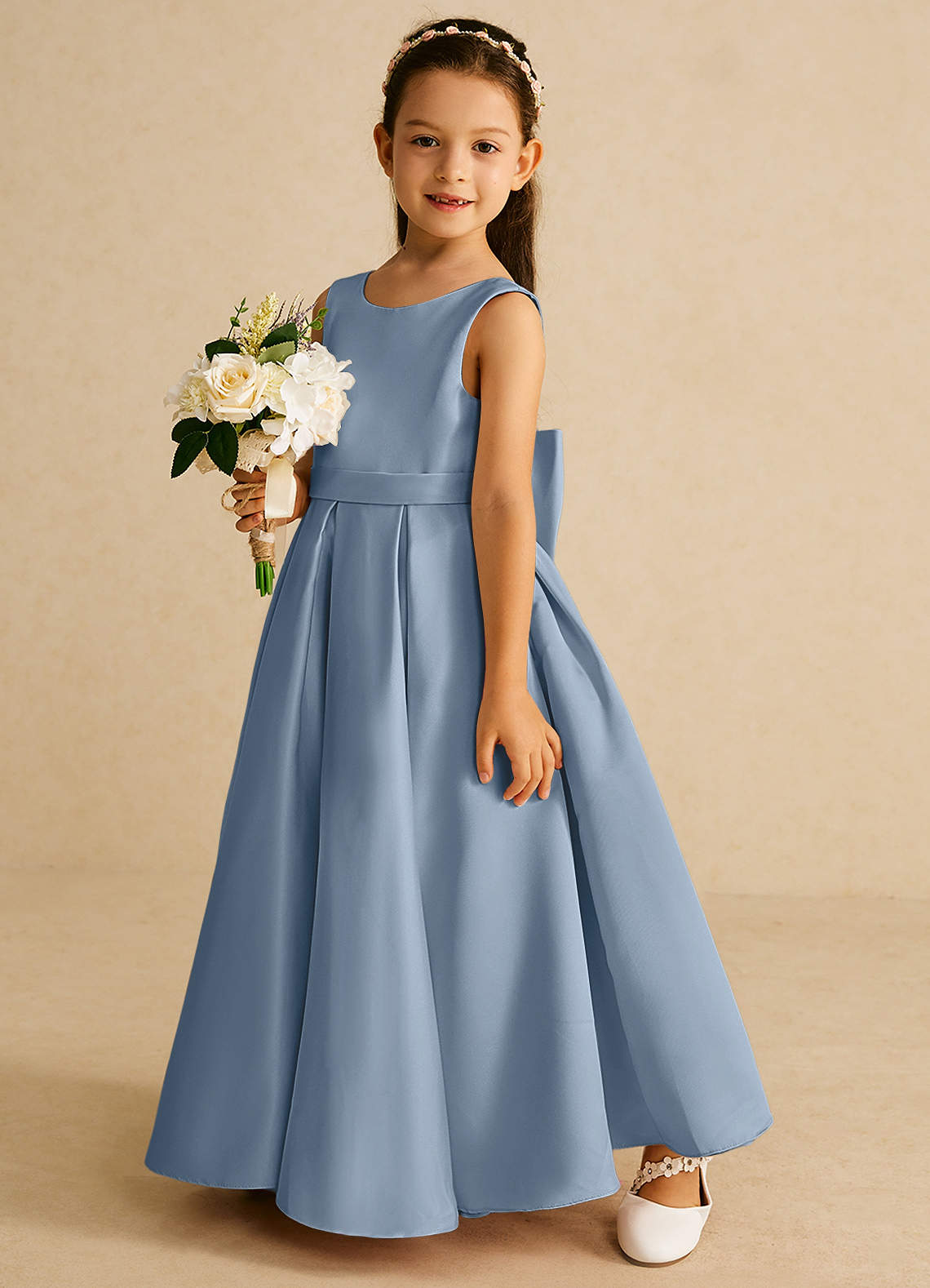Azazie Pipsy Flower Girl Dresses Dusty Blue A-Line Bow Matte Satin Dress image1