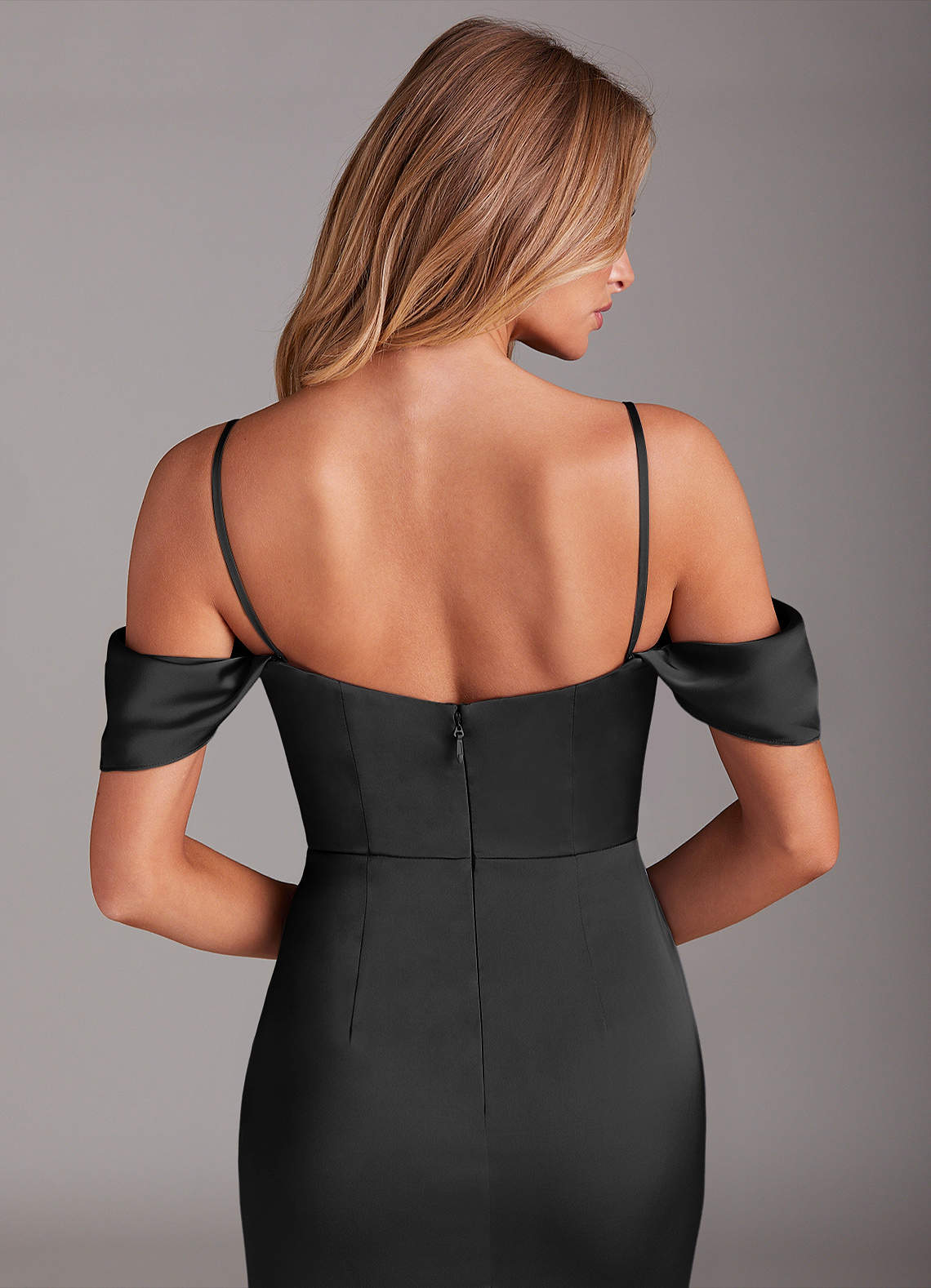Azazie Saige At-home Try On Dresses Black Sheath Off the Shoulder Stretch Satin Dress image7