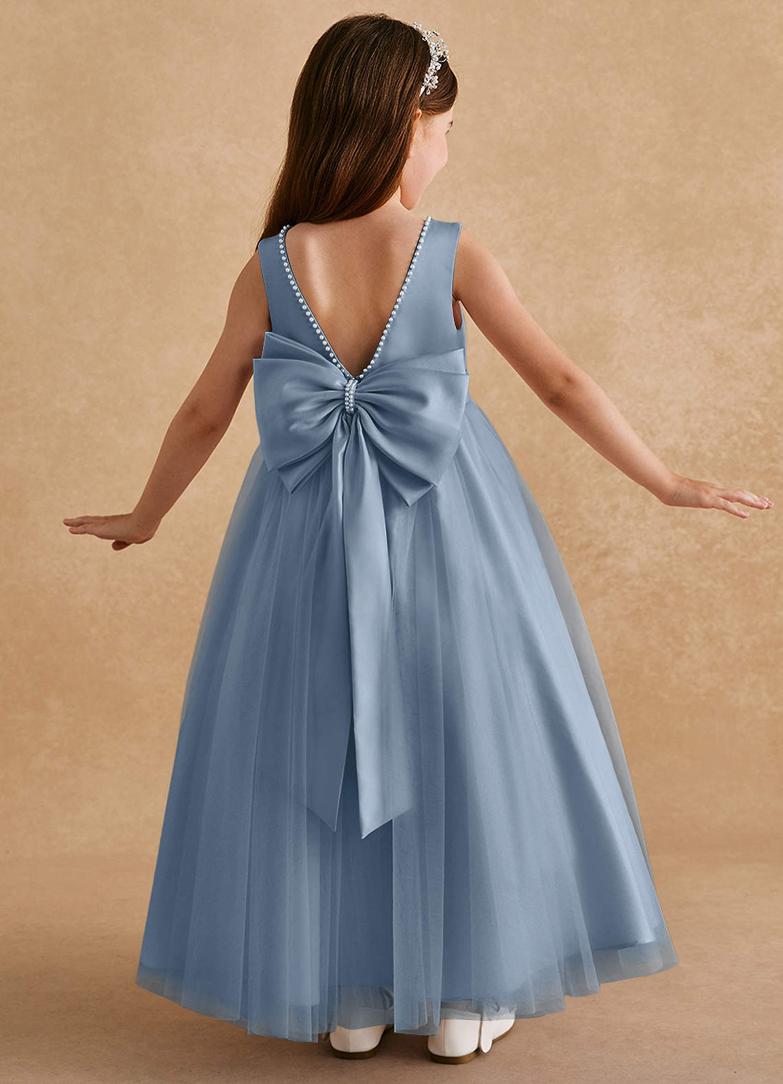 Azazie Cookie Flower Girl Dresses Dusty Blue A-Line Bow Tulle Dress image1