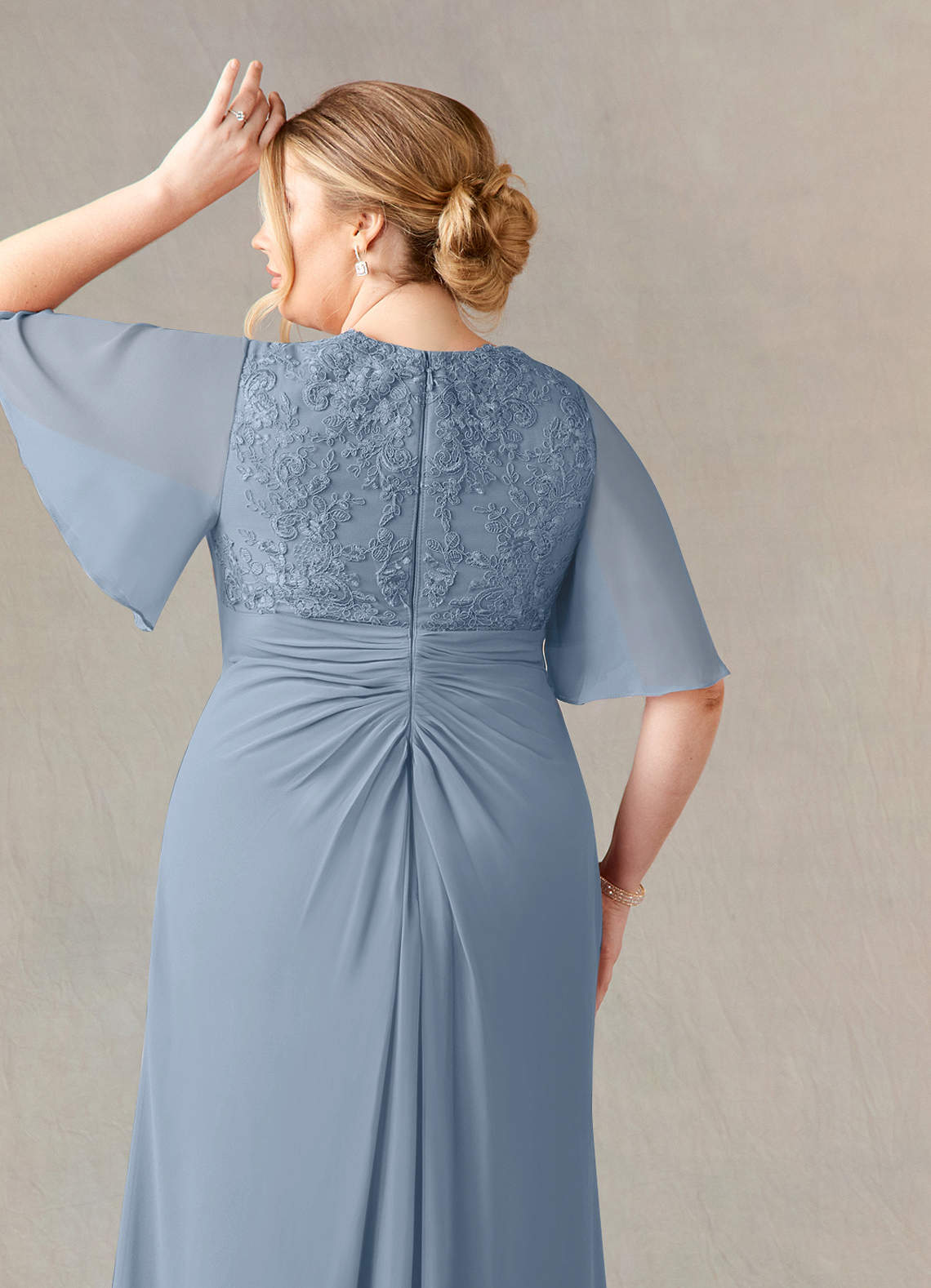 Azazie Carson Mother of the Bride Dresses Dusty Blue A-Line V-Neck Lace Chiffon Dress image10