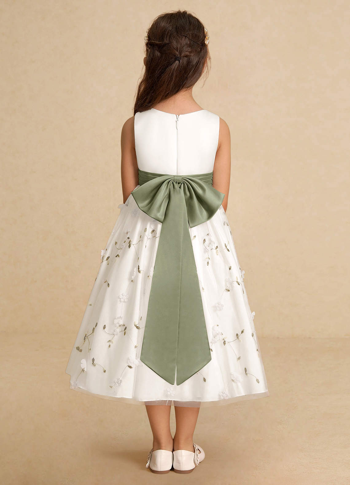 Azazie Pollie Flower Girl Dresses Ivory Pistachio A-Line Bow Tulle Dress image5