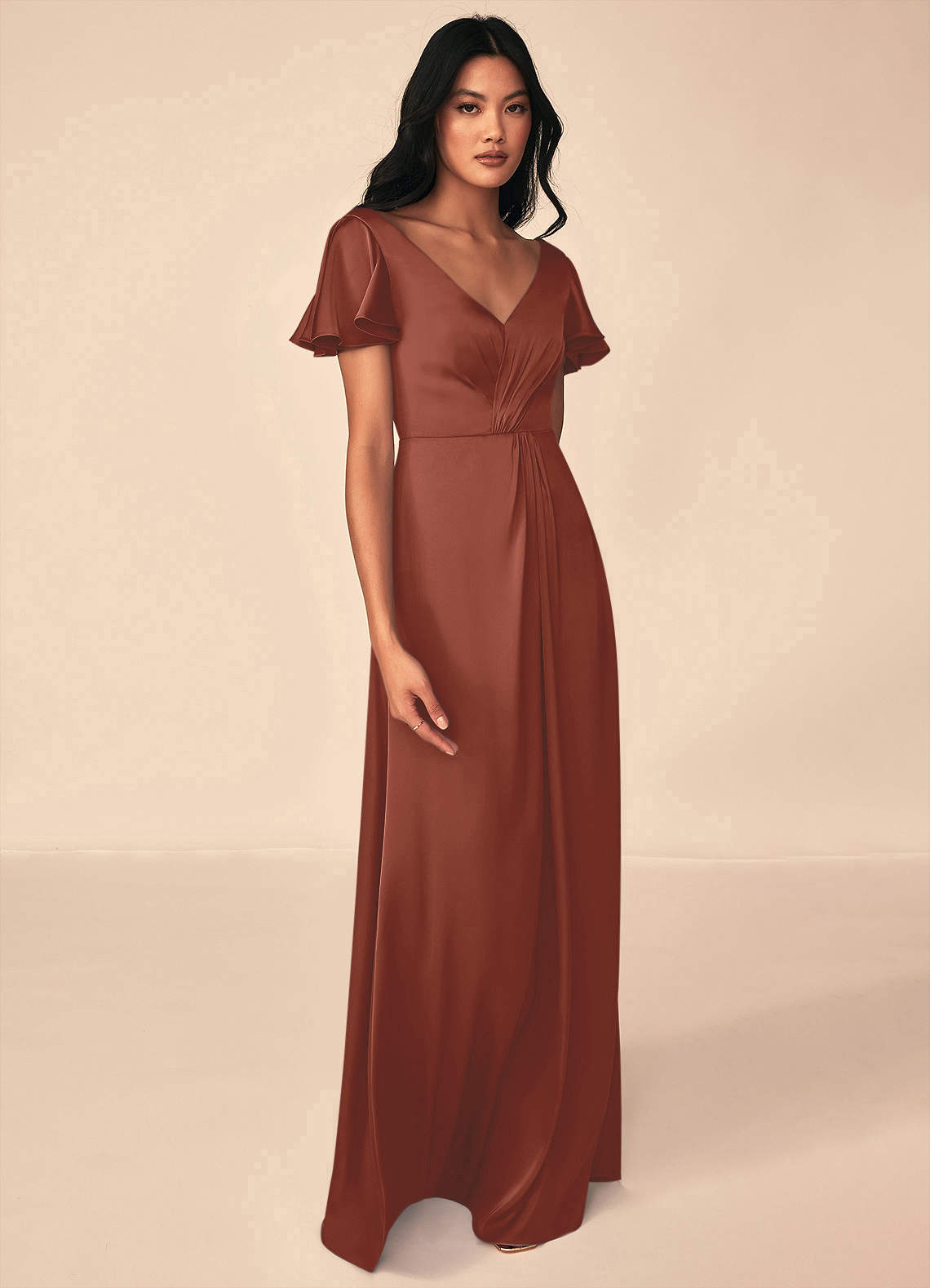 Azazie Soren At-home Try On Dresses Auburn A-Line Pleated Stretch Satin Dress image3