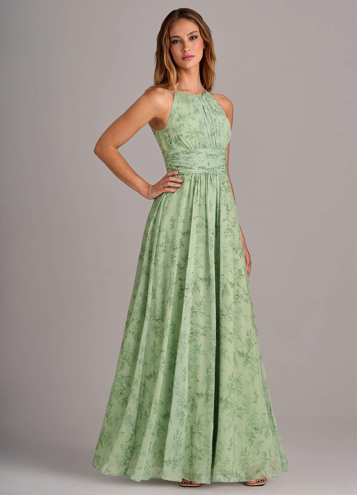 Azazie Bonnie Bridesmaid Dresses Green Fern Floral A-Line Keyhole Ruched Chiffon Dress image3