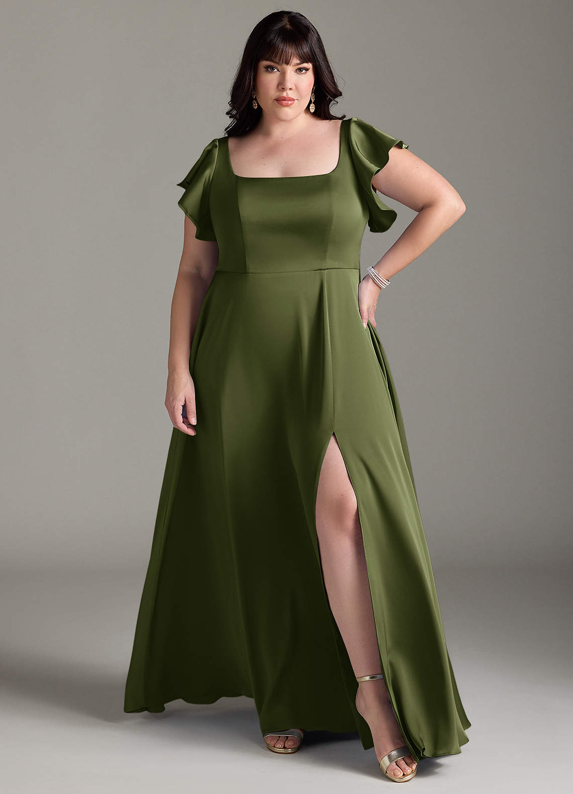 Azazie Bondi Bridesmaid Dresses Olive A-Line Bow Stretch Satin Dress image6