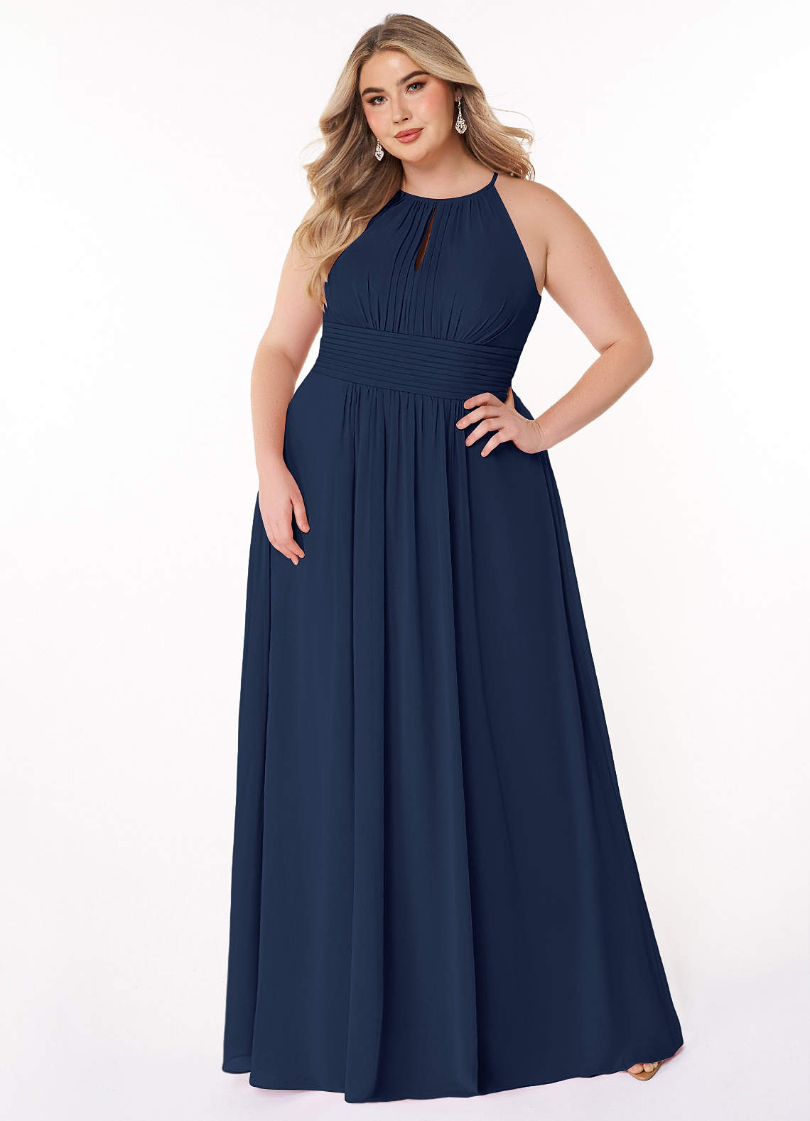 Azazie Bonnie At-home Try On Dresses Dark Navy A-Line Keyhole Ruched Chiffon Dress image5