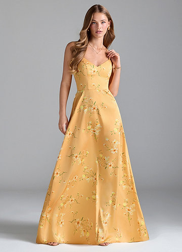 Azazie Mei Bridesmaid Dresses Golden Blooms A-Line V-Neck Stretch Satin Dress image1